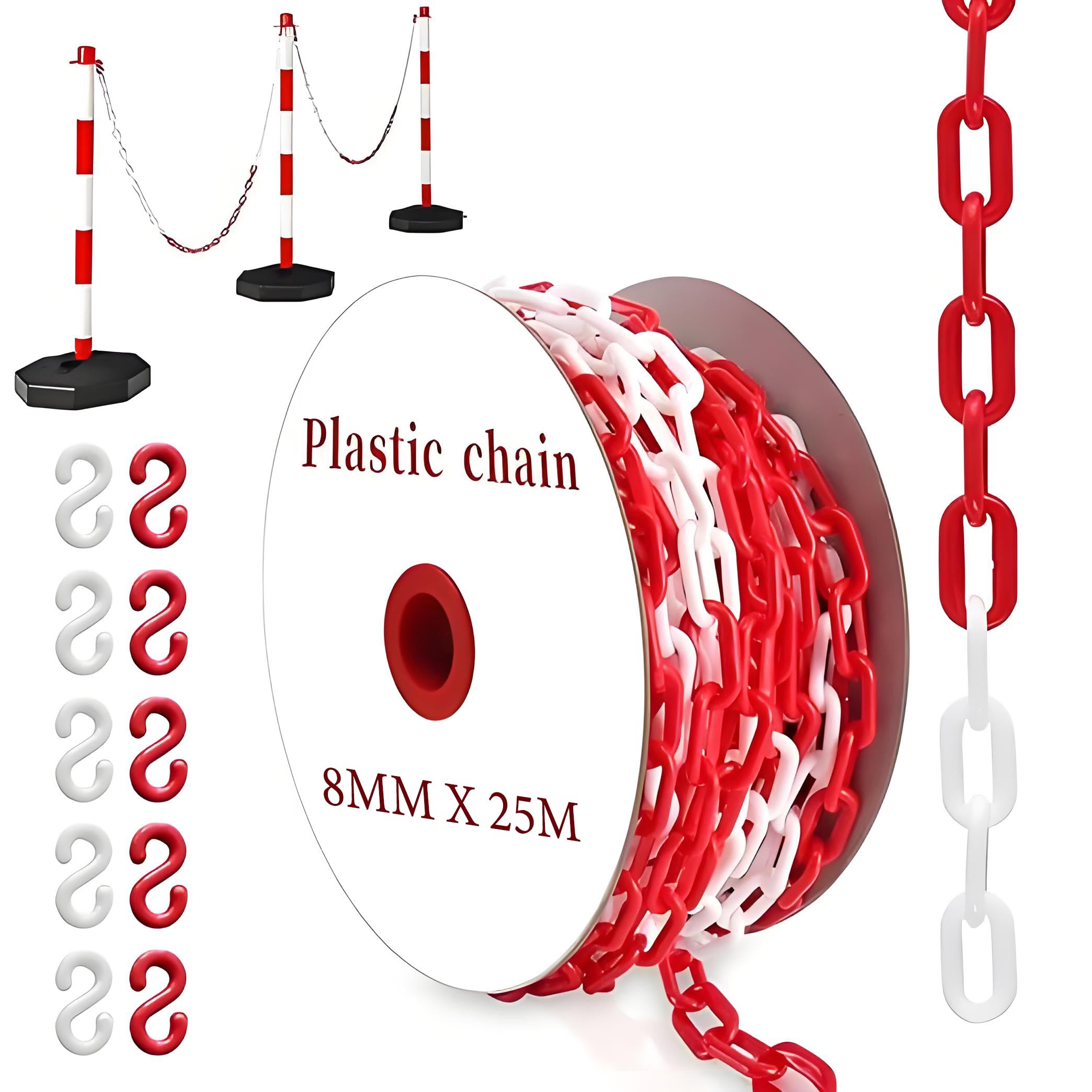 YUJUVI Catena Barriera Plastica Catena di Intercettazione Catena di Plastica Catene Barriere Sicurezza Catene Plastica per Parcheggio Controllo della Folla Traffico (Bianco e Rosso, 25M x 8mm)