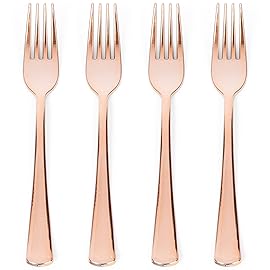 Prestee Set of 100 Rose Gold Plastic Forks Disposable - 7-in Heavy-Duty Fork Flatware - Bulk Pack Fancy Silverware - Sturdy Pink Cutlery for Weddings, Birthday Parties, Buffets, Catering and Events