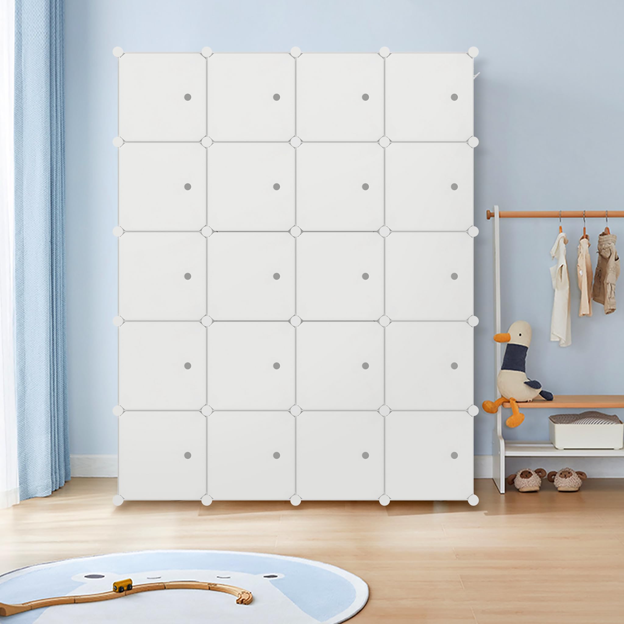 20 Boxen DIY Regalsystem Kleiderschrank Milchig mit Türen Steckregal Garderobenschrank aus Kunststoff PP Modular Aufbewahrung für Kleidung, Schuhe, Bücher, mit 2 Kleiderstange