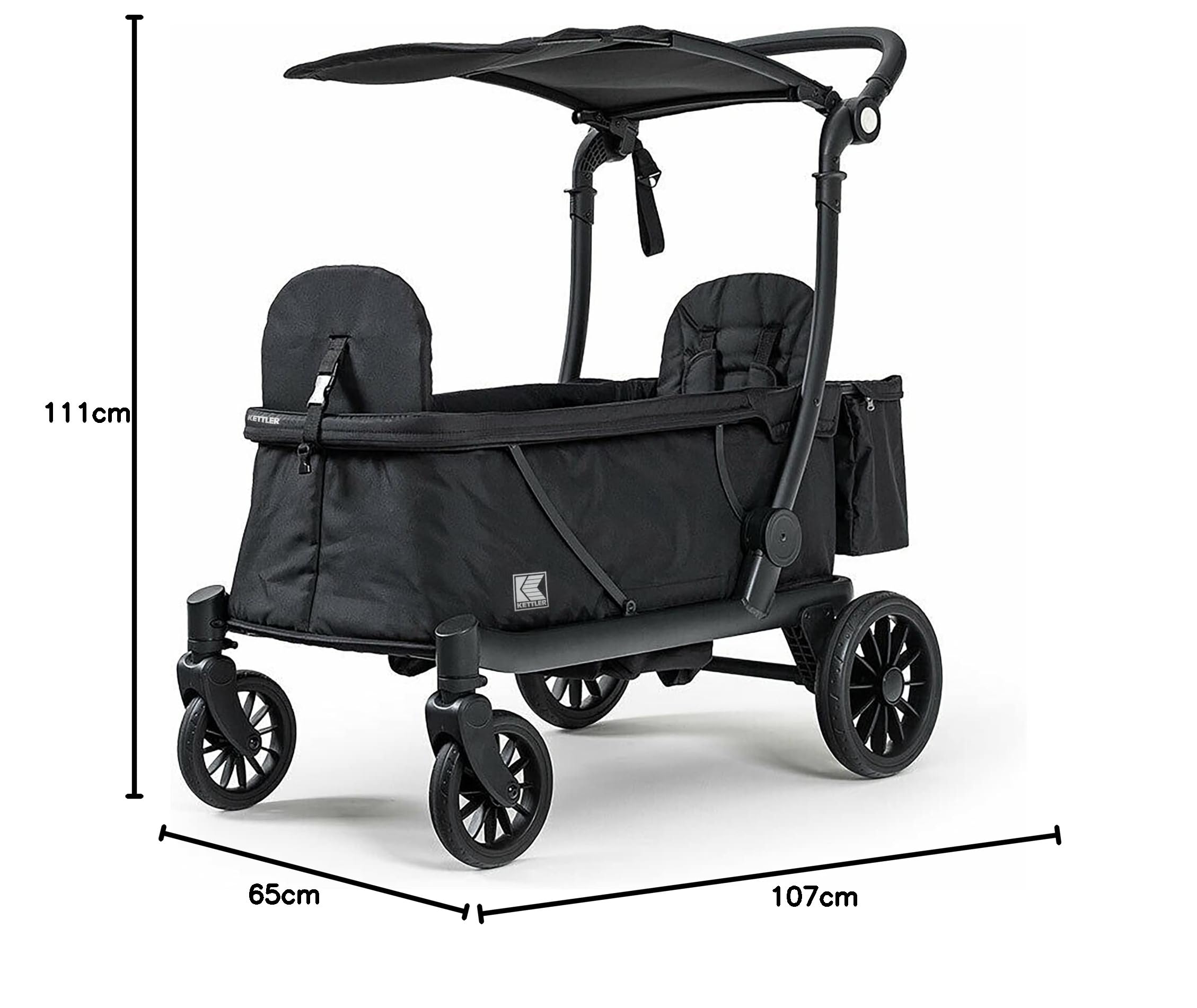 KETTLER Carrello Pieghevole COMPACT in Nero | Vassoio e Portabicchieri GRATIS | Pieghevole con Tettoia Solare | Salvaspazio | Maneggevole e Facile da Guidare | Capacità di Carico 70 kg | 1-2 Bambini