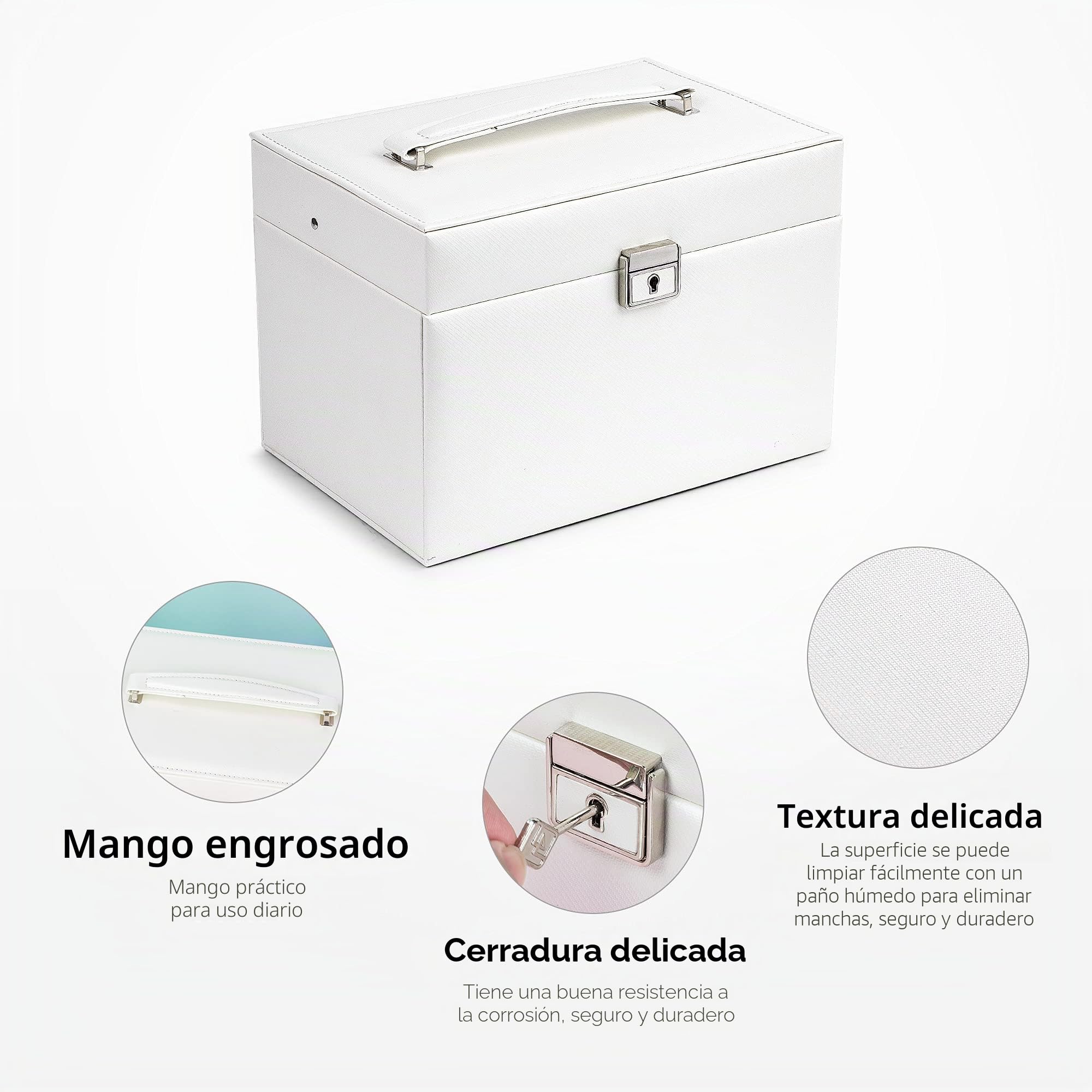 ADEL DREAM oyero de piel sintética con 3 niveles joyero para anillos pendientes collares pulsera regalo elegante para mujeres y niñas Blanco