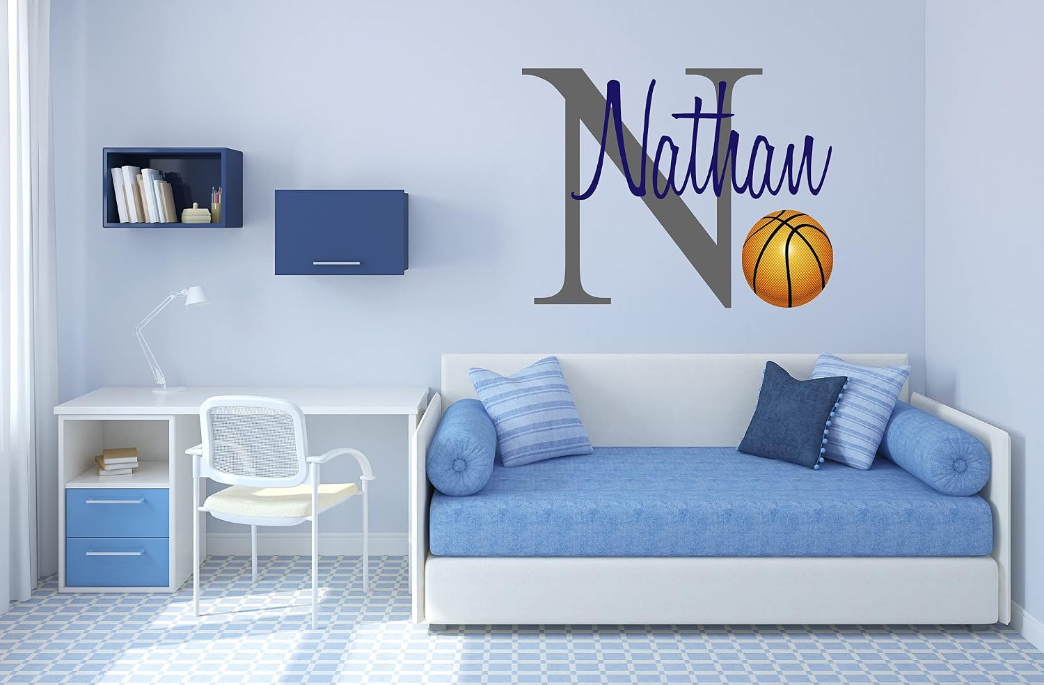 Custom Name Basketball Wall Decal - Personalized Name Basketball Sports Wall Sticker- Custom Name Sign - Basketball Wall Decal - Wall Decal for Home Nursery Decoration (Wide 30"x23" Height Inches)