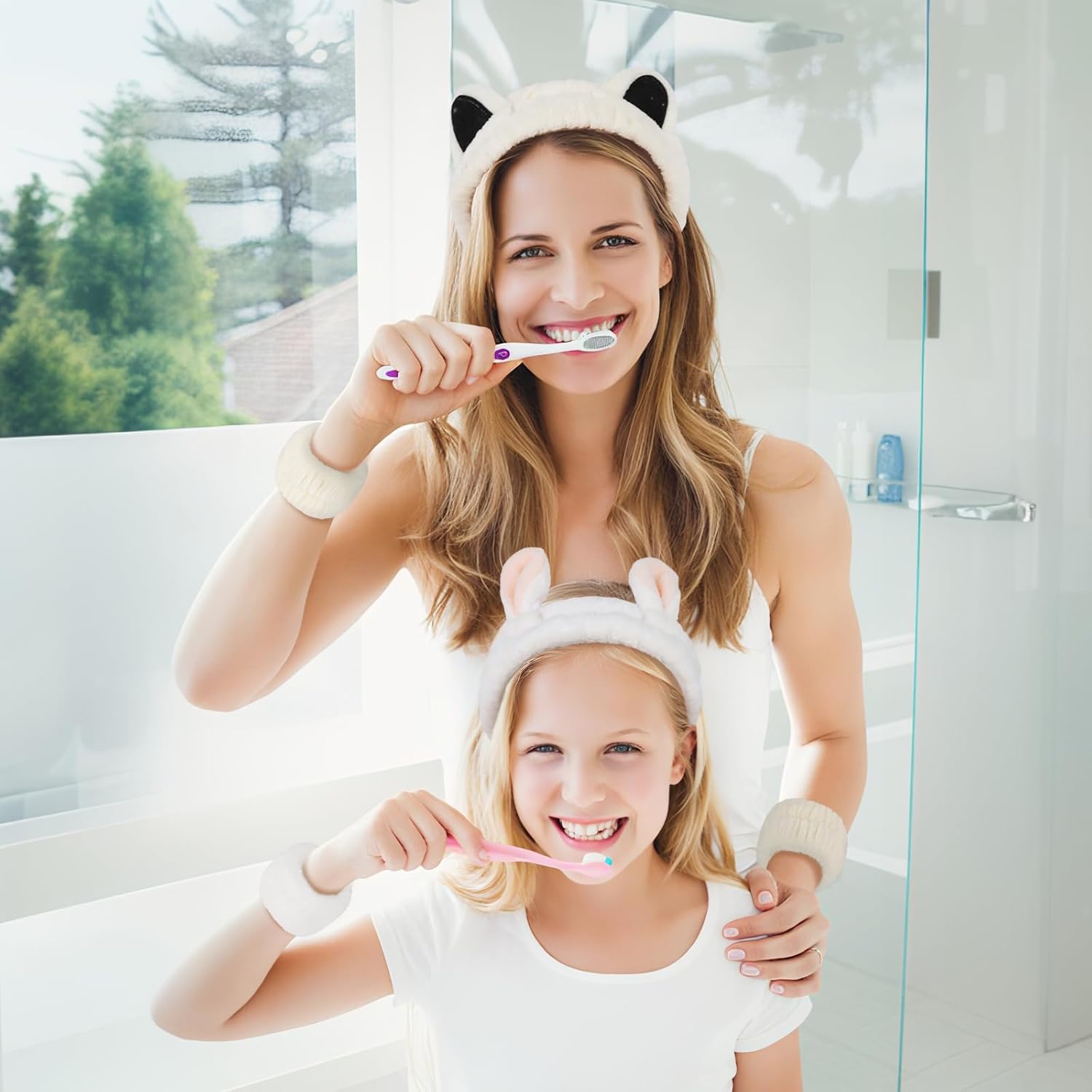 6pcs Ears Spa Headband and Wristband Set, Cute Cat Ears and Bunny Ears Makeup Headbands for Washing Face, Coral Fleece Elastic Head Band for Women Girls - Image 2