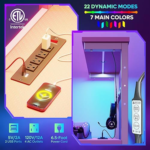 Miniatura 6 de Bestier Escritorio para juegos con tomas de corriente, escritorio LED grande de 61 pulgadas con estantes reversibles de 4 niveles, mesa de juegos de