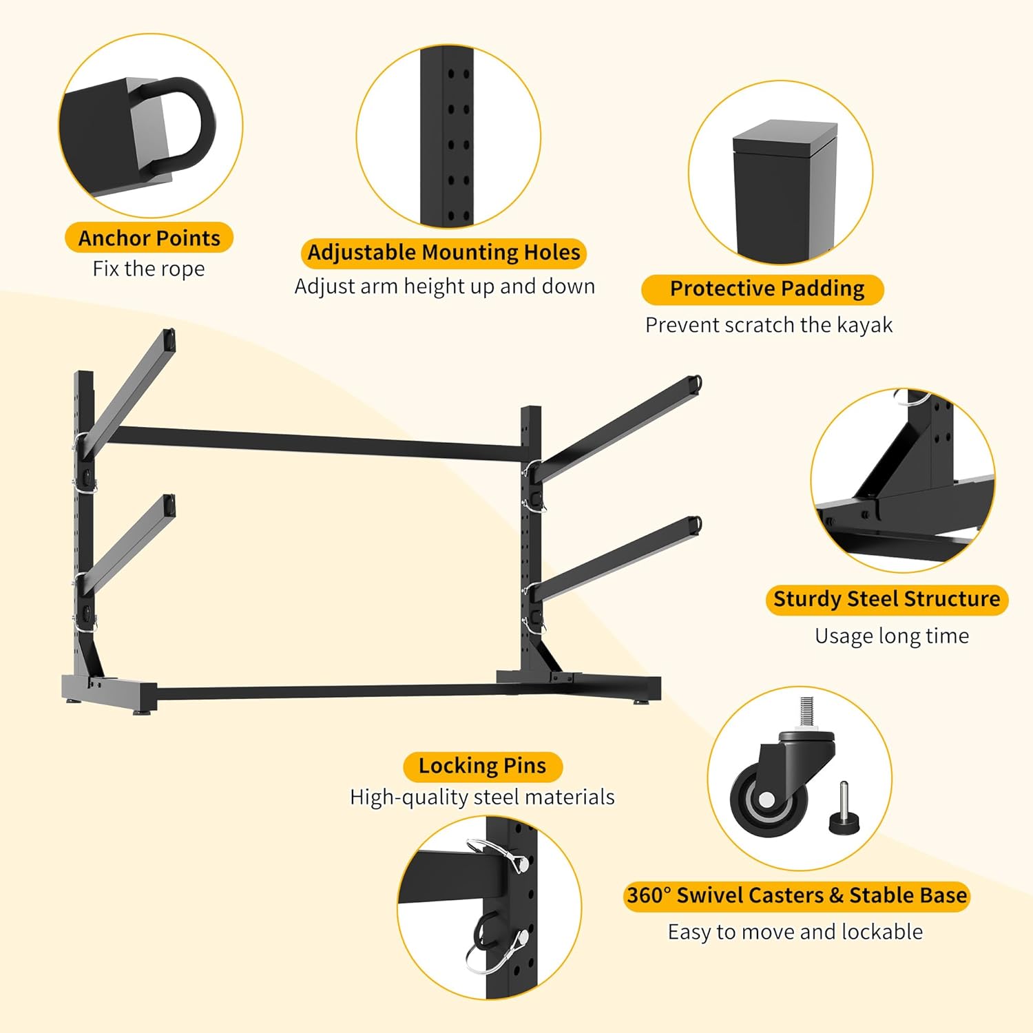 Freestanding Kayak Storage Rack, Heavy Duty Metal Kayak Stand with Lockable Wheels, Adjustable Kayak Holders for Canoes, SUP, Sled, Paddle Board & Surfboard, Garage, Indoor & Outdoor Use