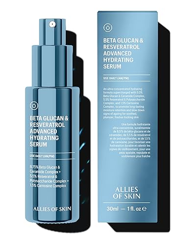 Allies of Skin Beta Glucan & Reservatrol Advanced Hydrating Serum | Plumping Face Serum with Ceramides, Peptides and Hyaluronic Acid | For Sensitive and Dry, Dehydrated Skin (1 Fl oz)