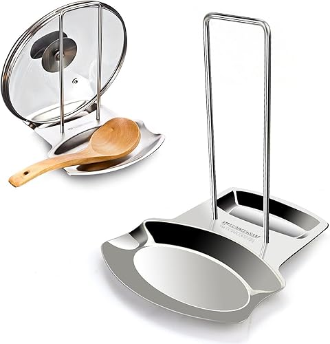 Apoyo de tapa y cuchara de Yummy Sam, soportes utensilios de cocina acero inoxidable plateado.