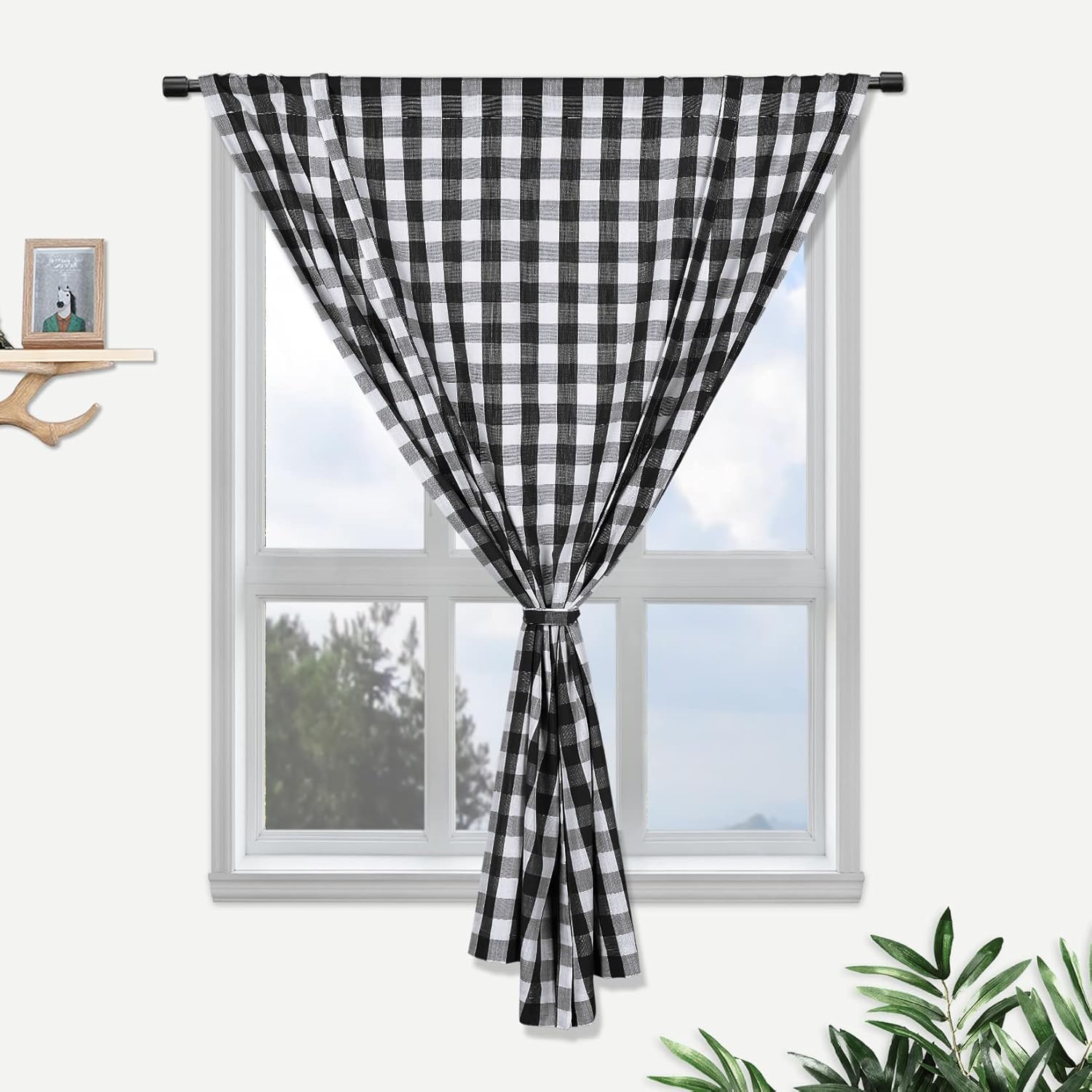 GlowSol Tie Up Curtains for Bedroom Gingham Plaid Window Curtains Rod Pocket Buffalo Check Curtains Adjustable Shade for Kitchen, 42"×63", Black/White