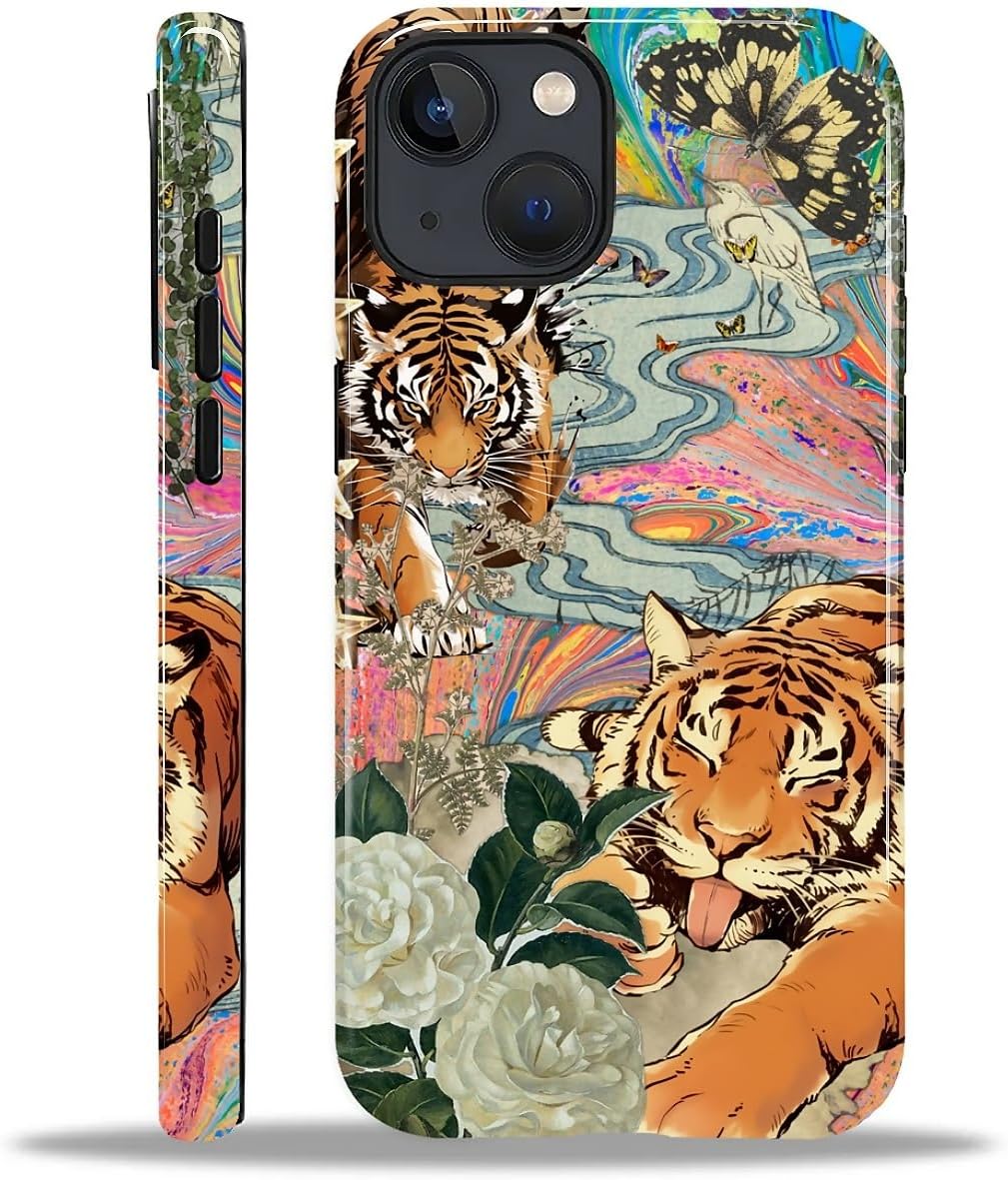 Case for iPhone 13 iPhone 14, Hybrid Heavy Duty 2 in 1 Full Body Rugged Shockproof Protection Glossy Case for iPhone 13 iPhone 14 - Fun Tiger Butterfly Collage