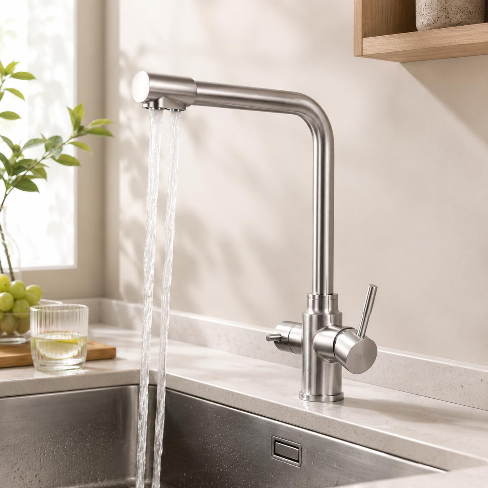 VICTOVA Grifo Cocina 3 Vías para Ósmosis Agua Fría y Filtrada | Canal independiente para agua filtrada · Agua fría y caliente · Giro 360° · Acero inoxidable · Cartucho cerámico