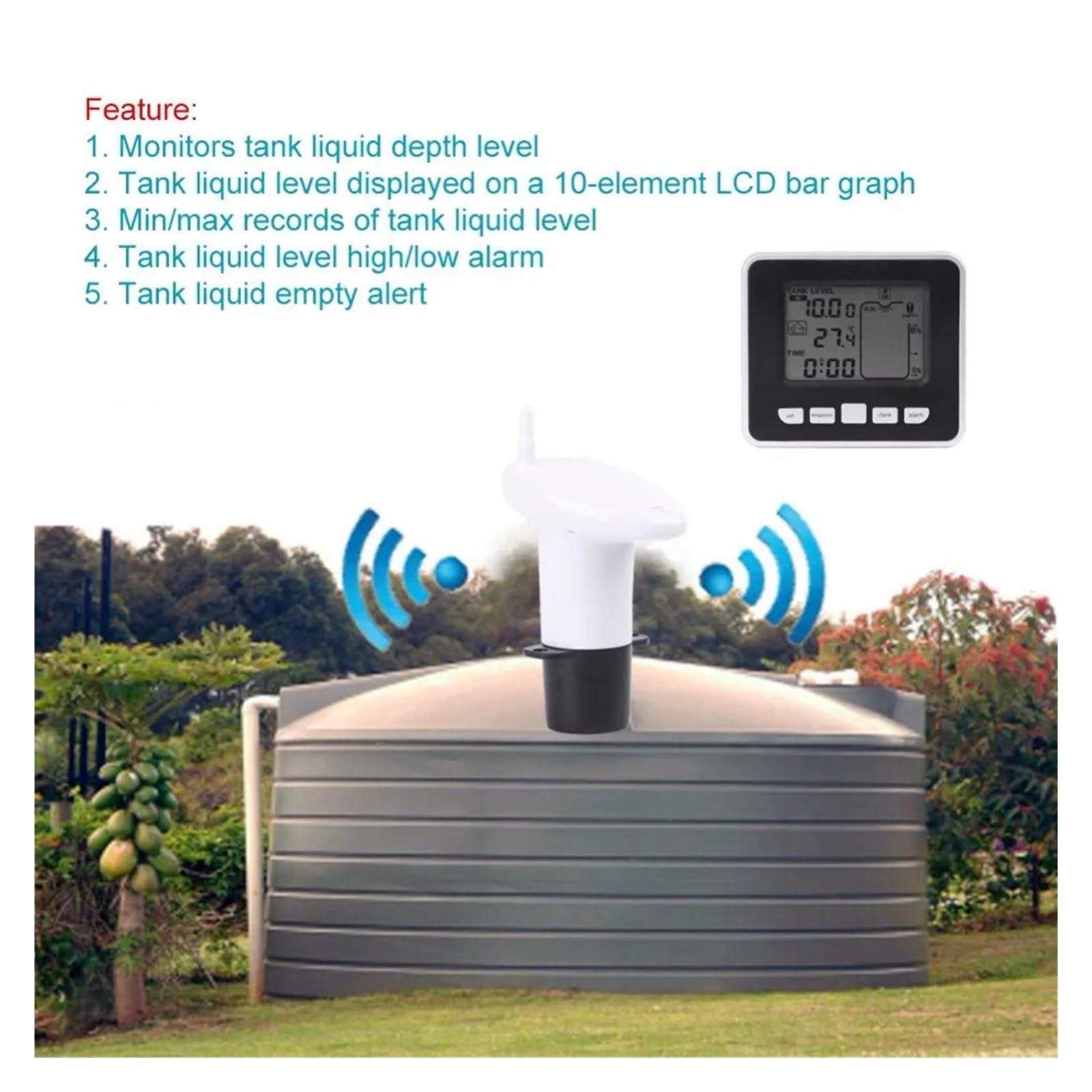 LDHJBNAC Ultrasonic Level Meter LCD Digital Display Level Sensor 0-15m Water Tank Level Meter Monitor Liquid Depth Detector with Temperature Display