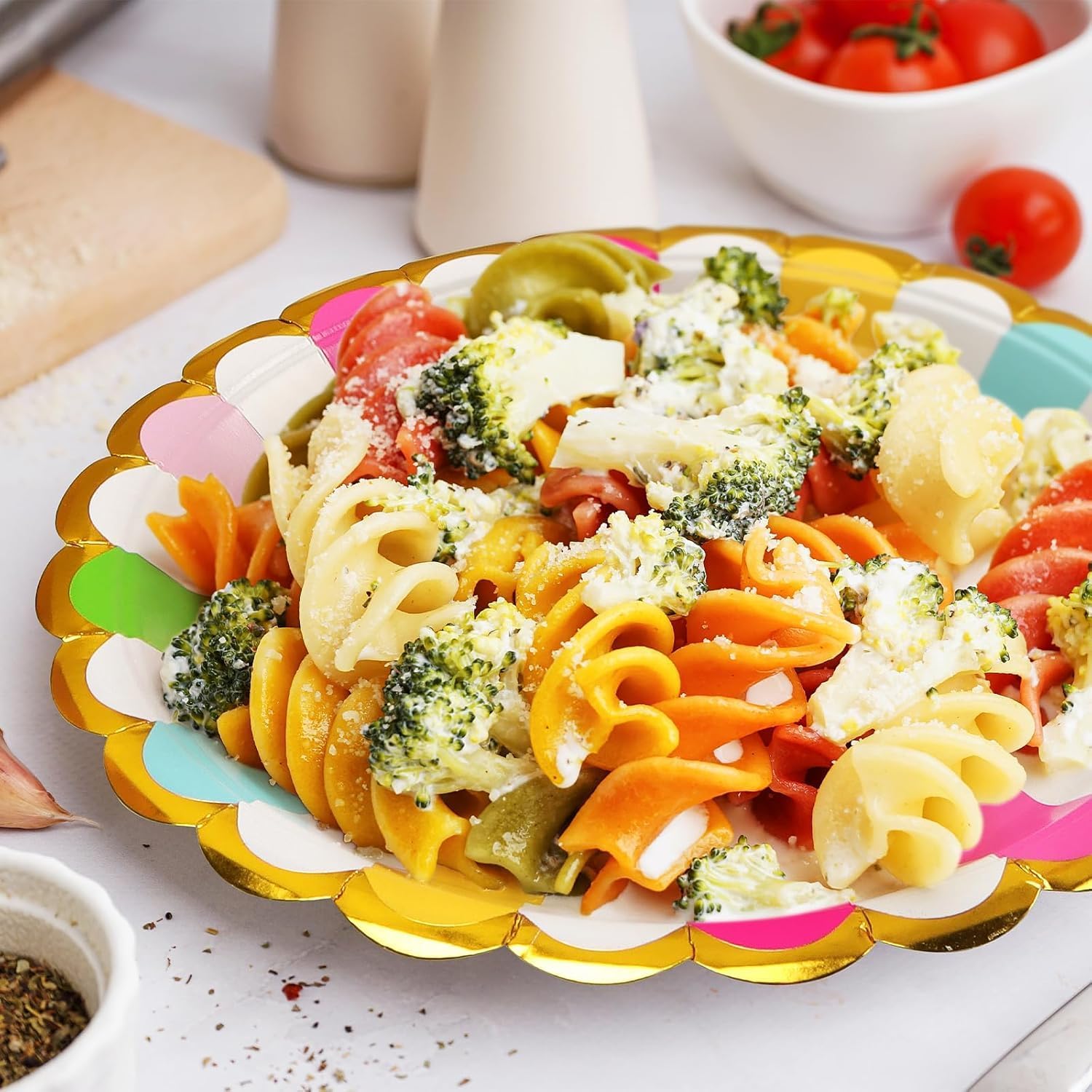 96PCS Colorful Party Paper Plates with Gold Scalloped Edge, Colorful Scalloped 9inch 7inch Dessert Paper Plates Party Supplies for Birthday Bridal Shower Picnic, Serve for 24 Guests, Striped - Image 6