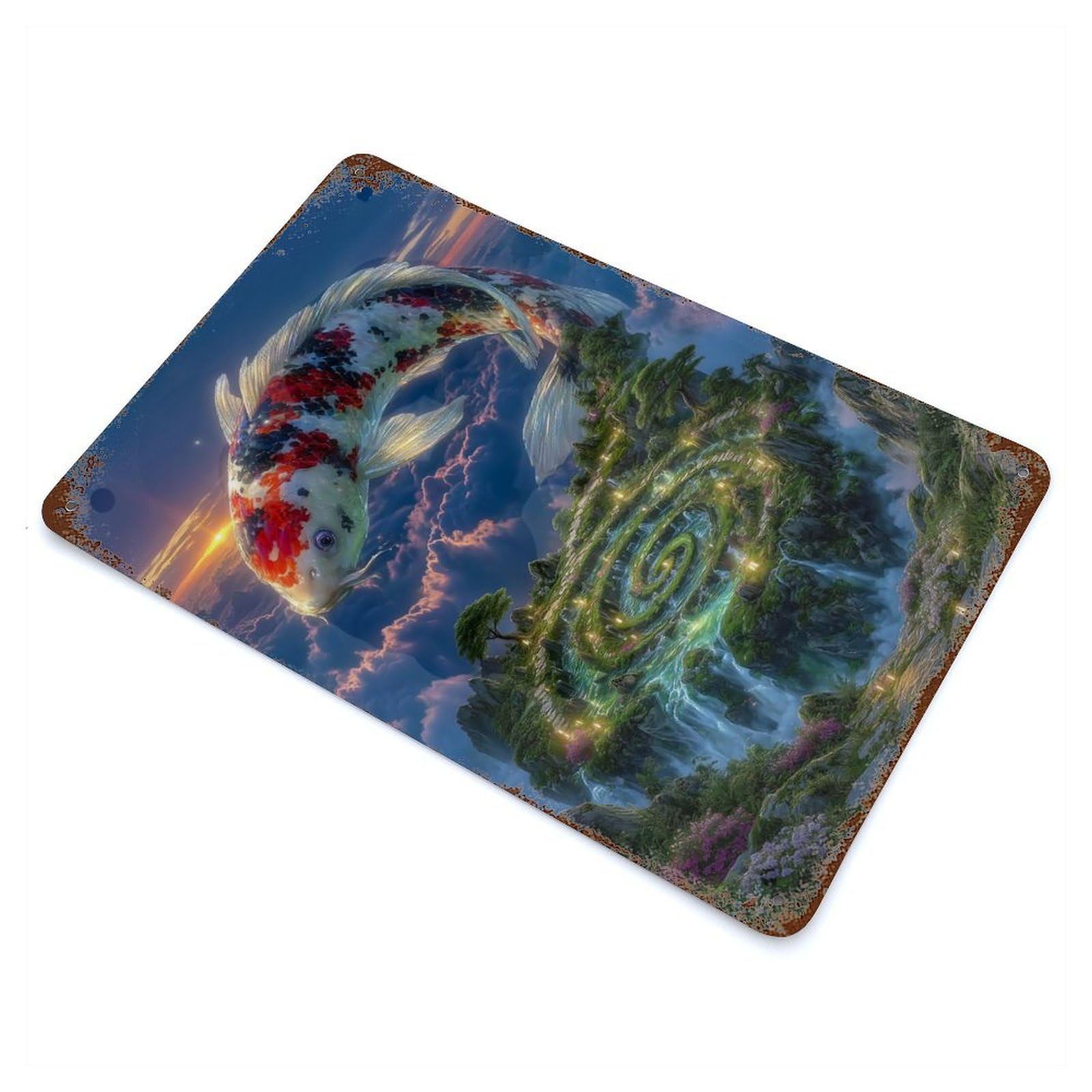 Koi Fish Over Floating Island Distressed Metal Wall Sign 11.8"x7.9", Ideal for Garage, Bar And Workshop Decor