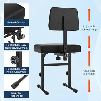 GLEAM Keyboard Bench Piano Bench Padded Cushion with Backrest Height Adjustable 17.5in - 22in Keyboard Chair Black (Thick Padding) Iron Legs