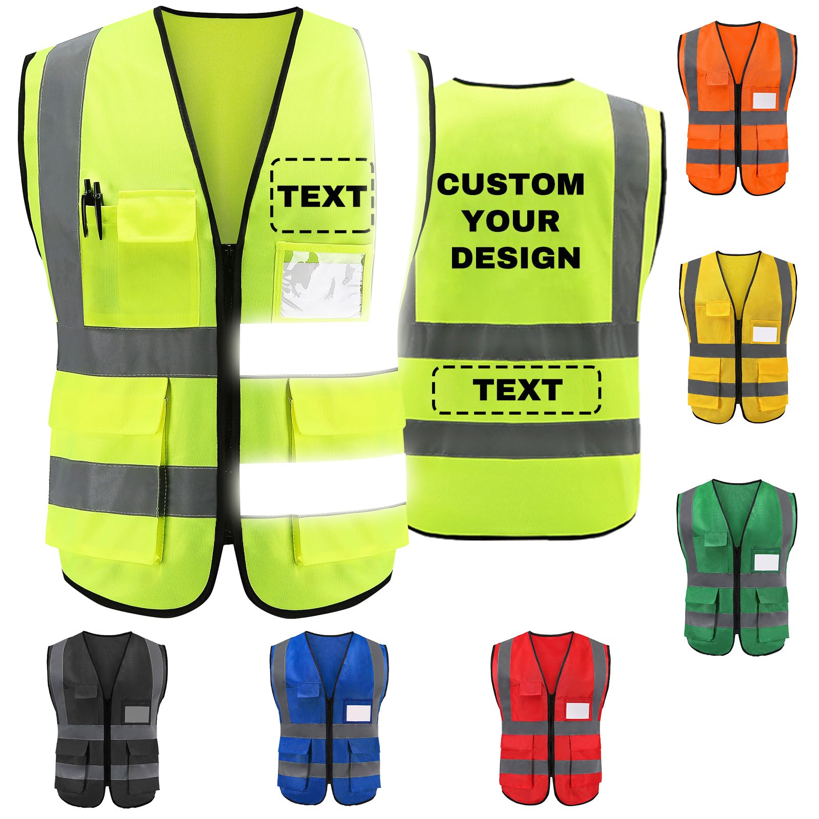 Personalised Hi Vis Safety Vest with Logo Text Custom High Visibility Reflective Vest with 5 Pockets for Men Outdoor Security Workwer