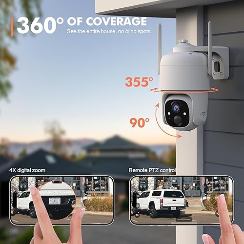 Miniatura 5 de Dzees Cámaras de seguridad solares inalámbricas para exteriores, cámara de seguridad alimentada por batería 2K, cámara PTZ de 360 con foco, sirena,