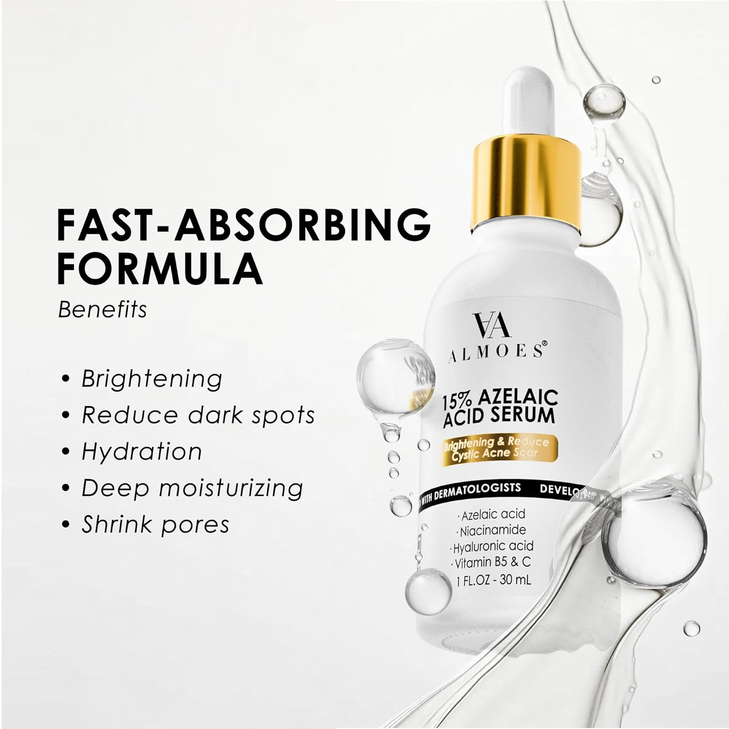 ALMOES Hydrating Serum,Hyaluronic Acid Serum for Face,Azelaic Acid 15% Serum with Tightens Pores,Moisturise Skin,Improve Skin Tone,Niacinamide Serum,Increase Skin Elasticity,Skin Care Serum,1 Fl Oz - Image 2