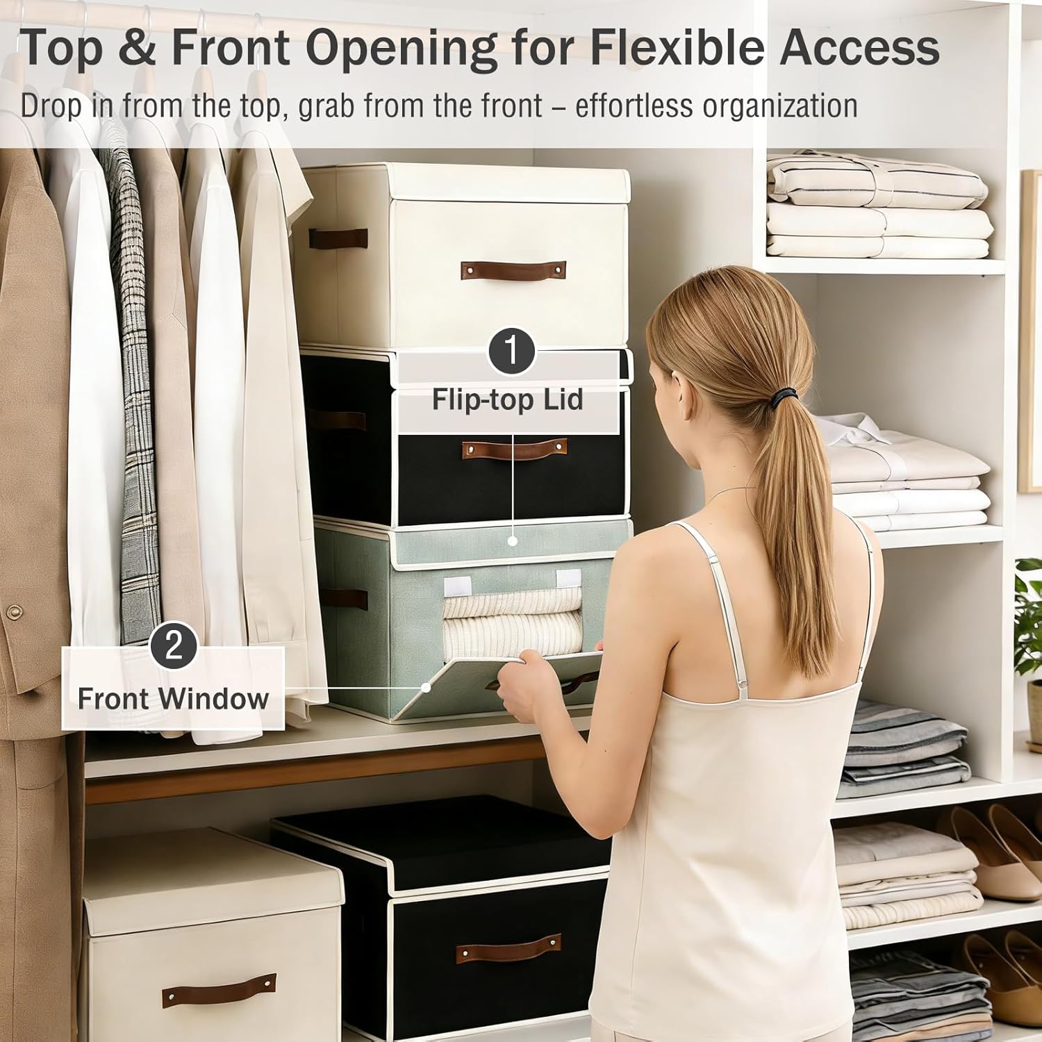 2PCS Storage Bins Box with Lids Front Opening Window Decorative Cotton Linen Fabric Basket PU Leather Handles PP Board Foldable Washable Shelf Closet Organizer Container (Light Green, Large)