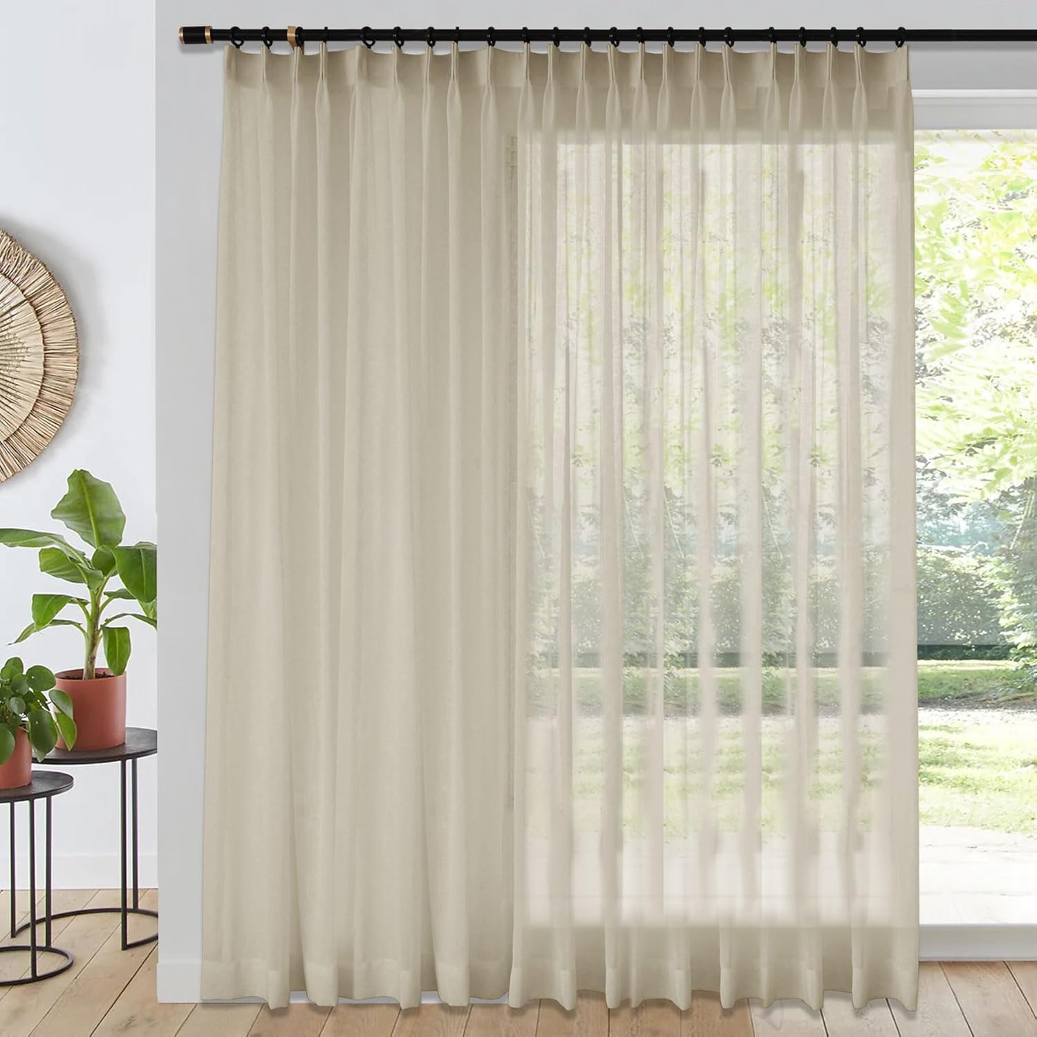 Fcosie Extra Wide Linen Textured Sheer Drapes 102 inches Length, Pinch Pleat Curtain for Sliding Patio Door for Traverse Rod & Track, Light Filtering Draperies, Beige 200" W by 102" L (1 Panel)