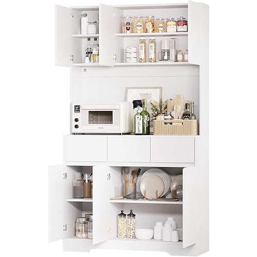 71'' Pantry Cabinet with LED Light & Charging Station, Tall Freestanding Kitchen Storage Cabinet with Microwave Stand, Modern Hutch with Drawers & Open Countertop for Dining Room, Living Room, White