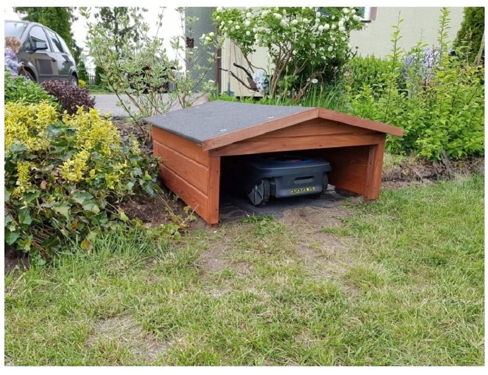 QLS Mähroboter Garage aus Kiefernholz 100 x 90 cm wetterfest Braun | Schützt Mähroboter vor Regen und Sonne, mit wasserabweisender Imprägnierung und Dach aus Teerpappe für den Außenbereich