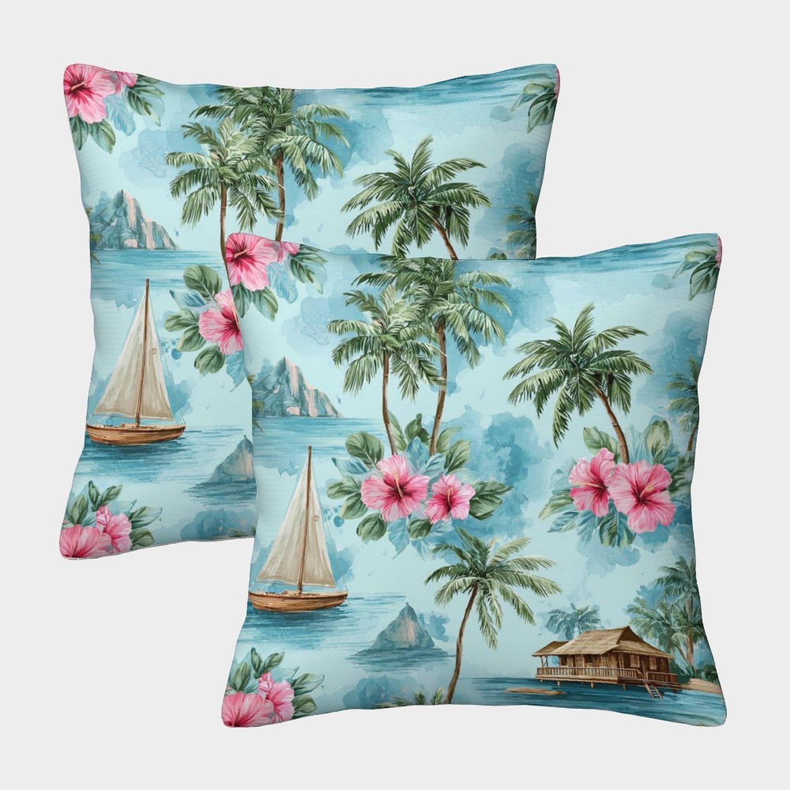 kaiyun 2 Pack Coconut Trees, Vintage Wooden Sailboats, Pink Hibiscus Flowers Pillow Case Home Decoration Sofa Cushion Cover 45x45cm