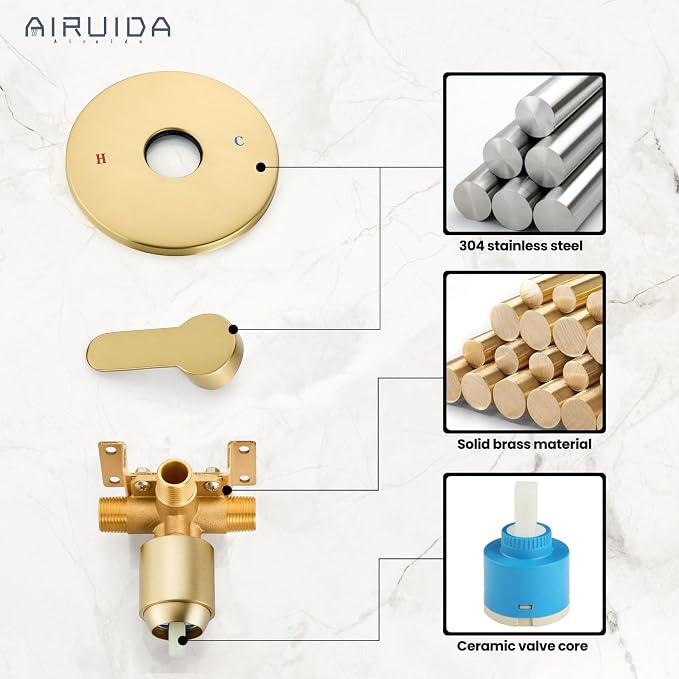 Kit de válvula de ducha Airuida de una sola función, acabado dorado cepillado | Válvula de empotrar con rosca macho, mezclador de ducha de montaje en pared, kit de revestimiento para baño miniatura 8