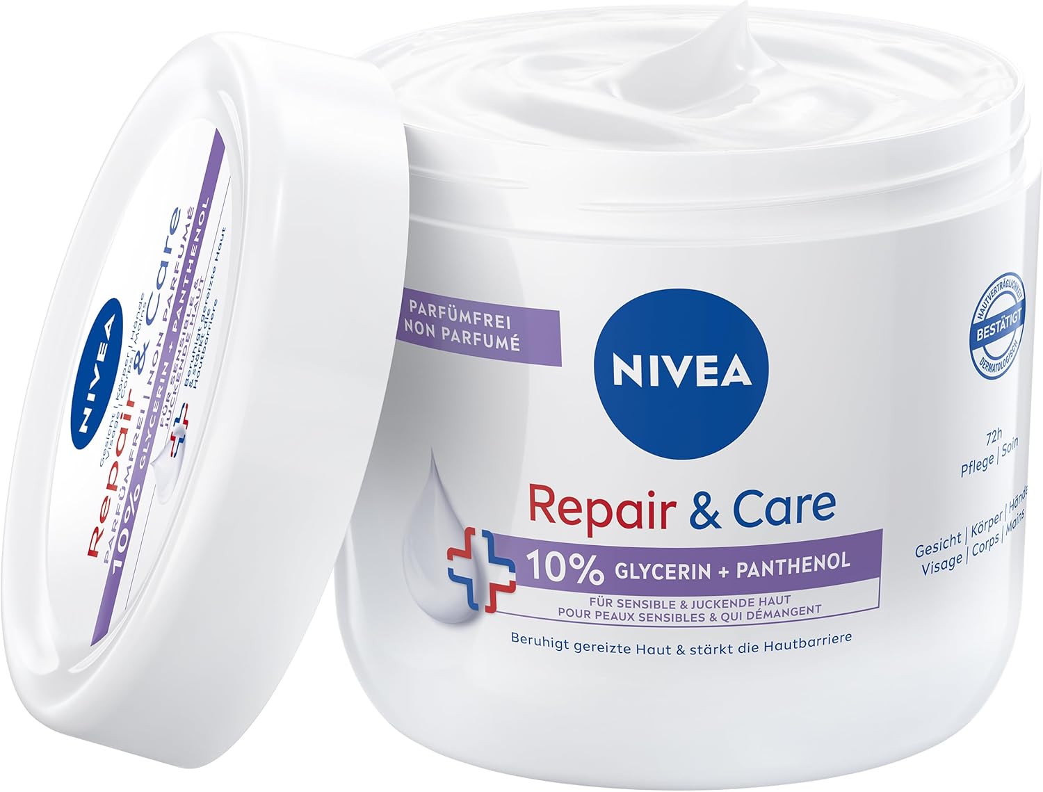NIVEA Repair & Care Perfume-Free Cream, Moisturising & Non-Greasy Body Cream, Fast Absorbing Lotion with Panthenol & Glycerin, for Sensitive & Itchy Skin (400 ml)