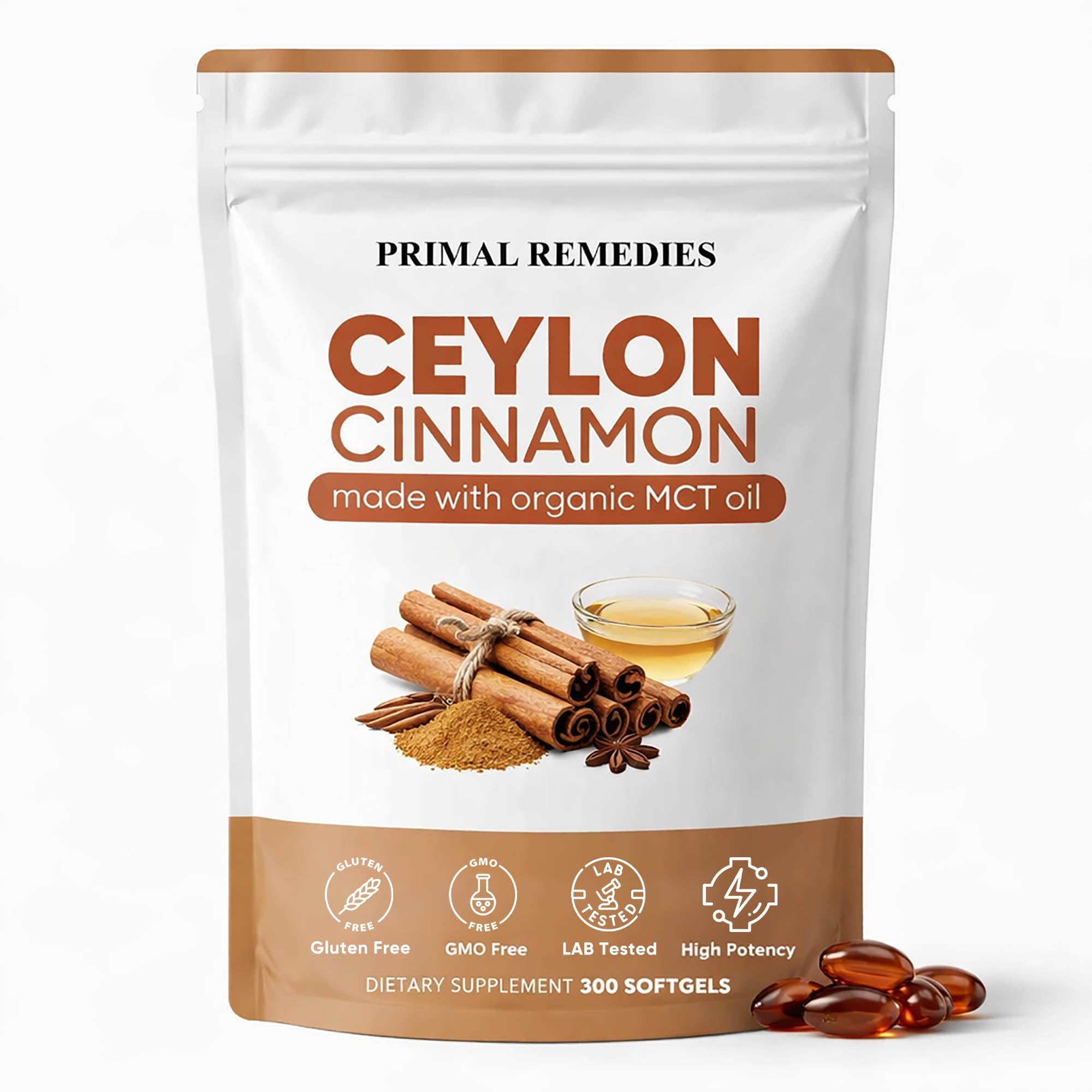 Primal Remedies Ceylon Cinnamon - 300 Softgels, Concentrated Cinnamon Extract with MCT Oil, Highly Bioavailable, Daily Wellness Support Supplement, Non-GMO & Gluten-Free