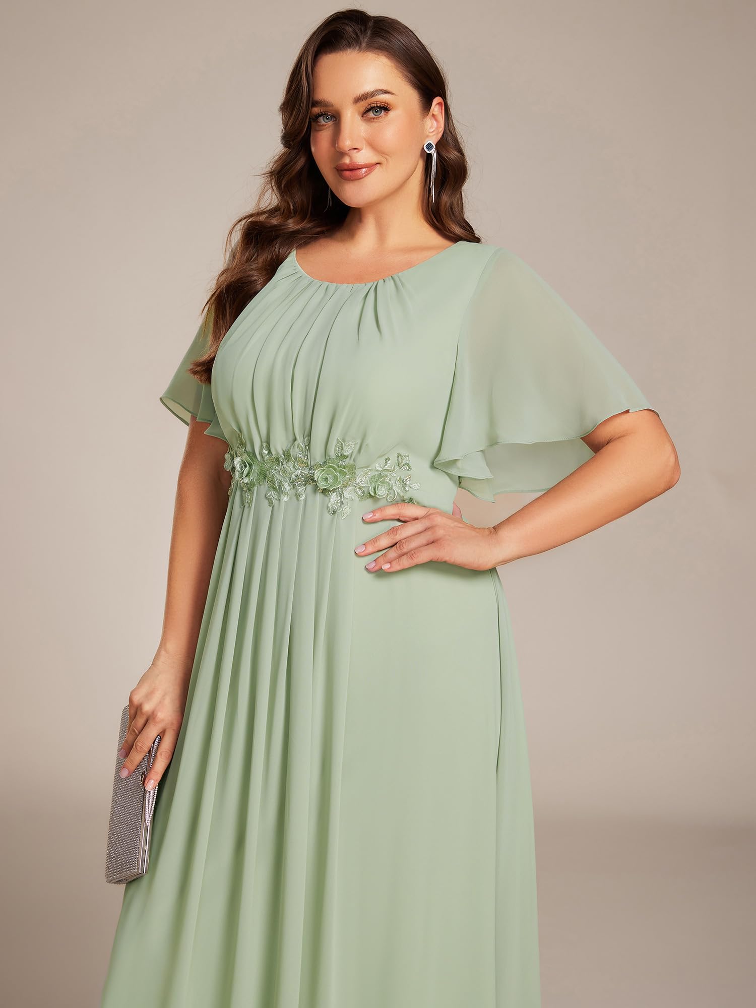 Ever-Pretty Plus Damen-Kleid mit Rundhalsausschnitt, kurze Ärmel, bodenlang, Übergröße, formelle Kleider, Brautmutterkleid
