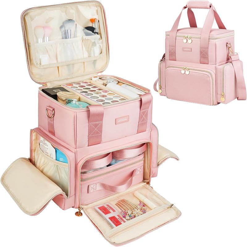 Necessaire de maquiagem Jaffzora com organizador, 3 bolsas removíveis e divisórias, rosa Pink01
