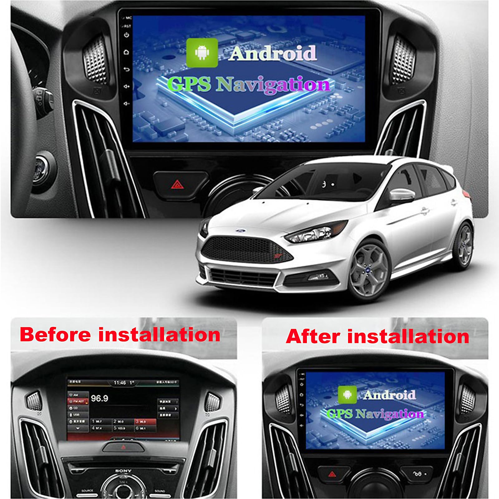 Radio Samochodowe 2 DIN do Fo-rd Focus 2011–2017 z 9-calowym ekranem Dotykowym, Obsługą Bezprzewodowego Apple CarPlay i Android Auto, Bluetooth, Mirror Link, EQ/FM/RDS, USB, Obsługą (Size:8Core 2+32G)
