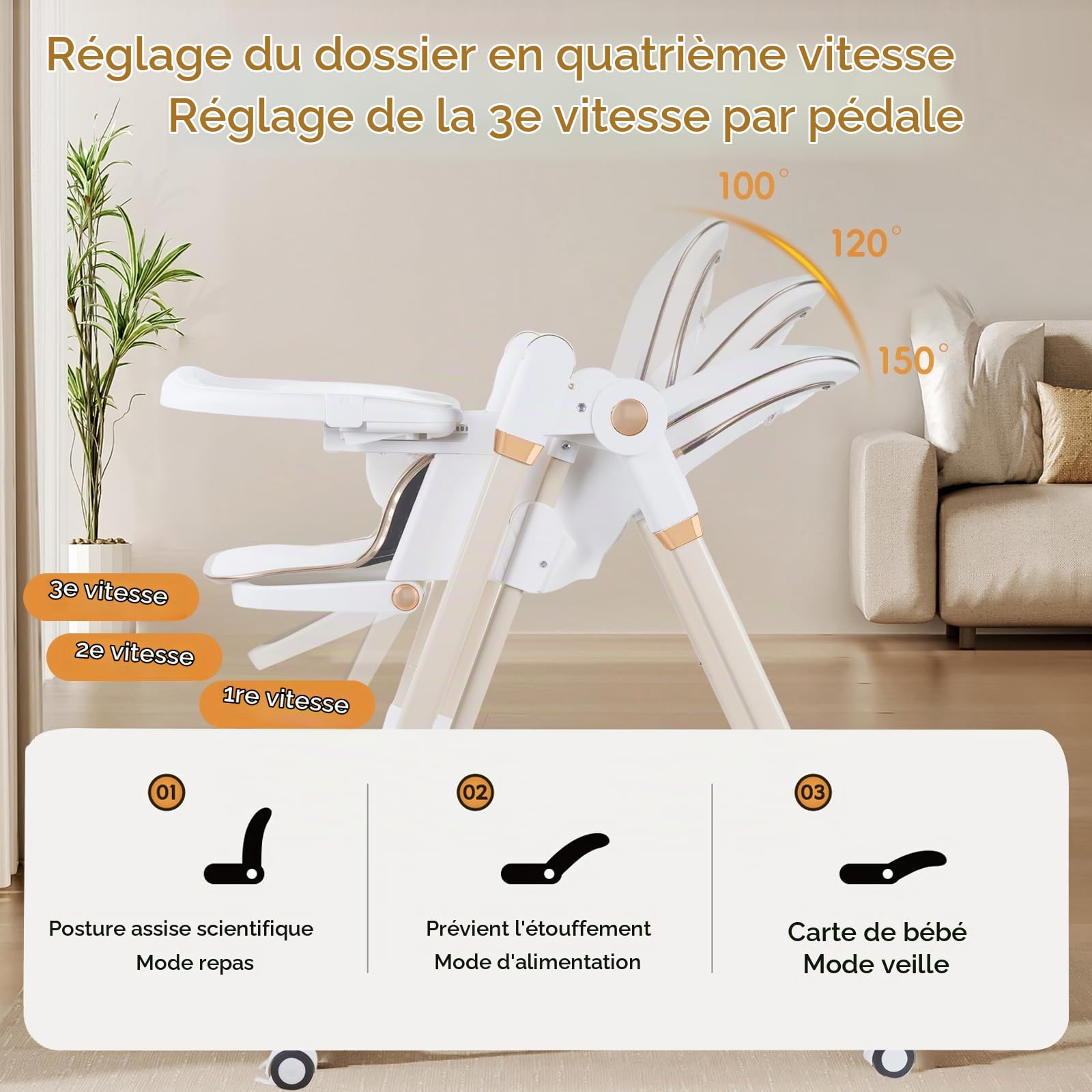 Chaise Haute 3 en 1, pour Bébé Ergonomique, Confortable, Inclinable, Pliable, avec Hauteur Réglable, Repose-Pieds, Plateau Amovible, Harnais 5 Points, 0 à 20 kg (Blanc)