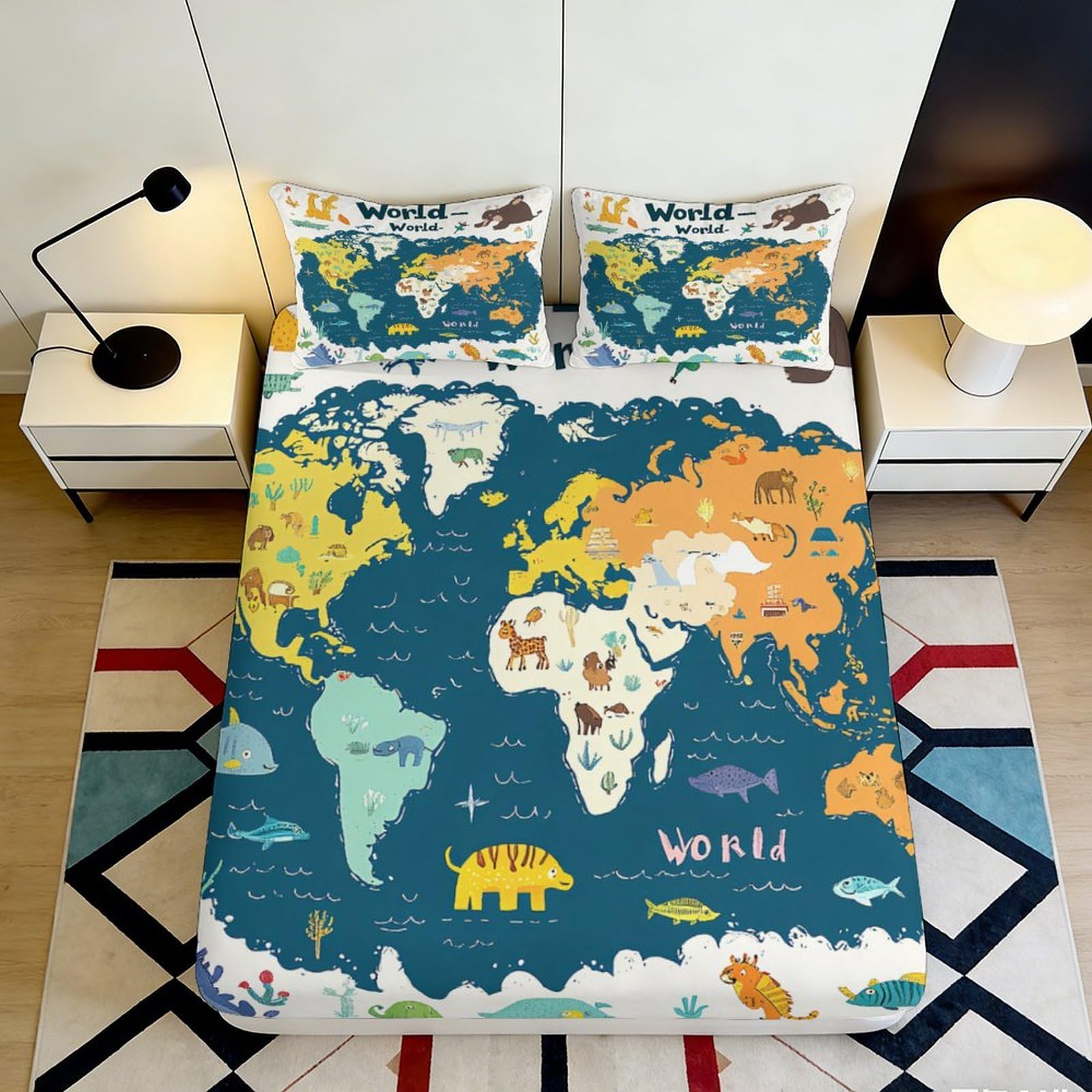 3D Printed Animal World Map Fitted Sheet Microfiber Soft Anti-Slip Bed Cover for Bedroom Guestroom Decor Mattress Protection 90x200x25cm