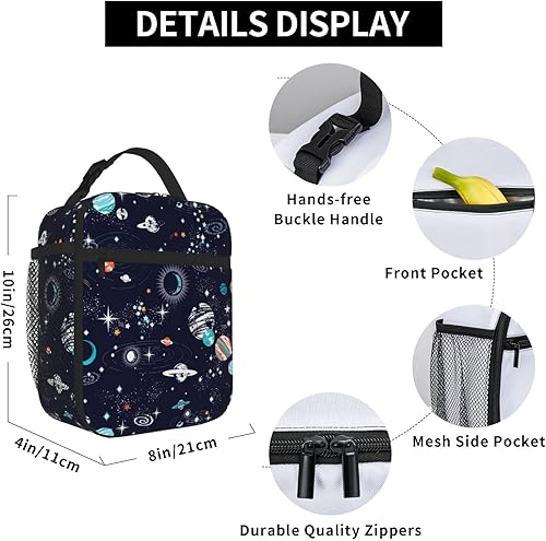 Miniatura 6 de Lonchera con diseño de galaxia espacial de dibujos animados para hombres y mujeres, pequeña bolsa de almuerzo azul para oficina, trabajo, picnic,