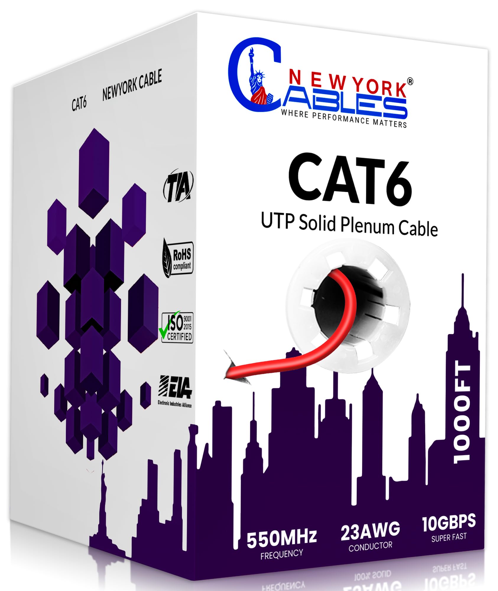NewYork Cables | Cavo Plenum CAT6 304,8 m (CMP) | UTP, 550 MHz, 23AWG, 4 paia UTP 10 GB | Cavo Ethernet Bulk di qualità testata per reti e giochi (rosso)