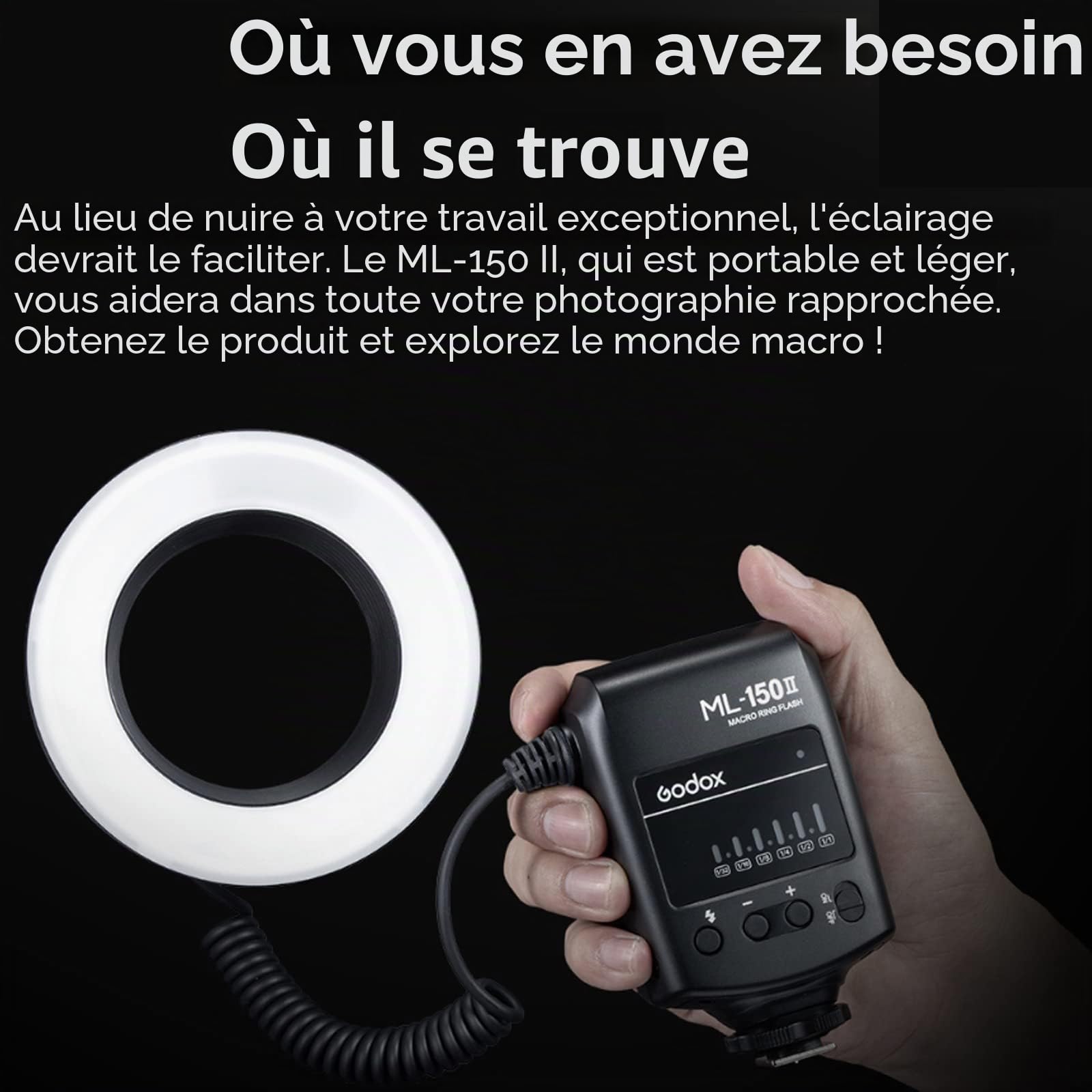 Godox ML-150II ML150II Macro LED Ring Flash Speedlite 5800K ± 200K pour Sony Canon Nikon Fuji Olympus Panasonic DSLR pour la Production vidéo, la Photographie Animale et végétale