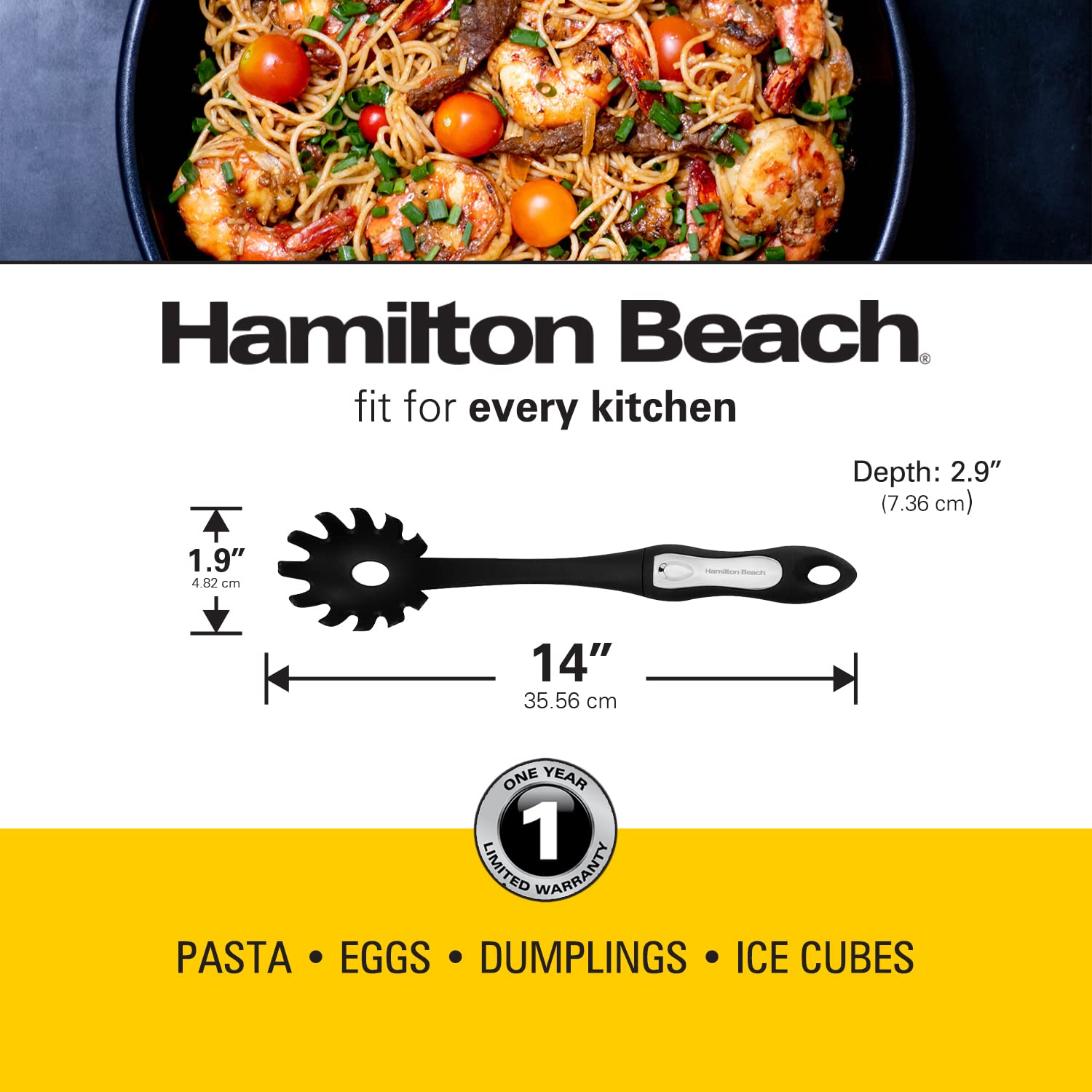 Hamilton Beach Pasta Server 35.6 cm (14 Zoll) Soft-Touch-Griff – Langlebiger lebensmittelechter Kunststoff-Nudelheber, Spaghetti-Löffelheber, hitzebeständiges Design, rostfrei – Schwarz