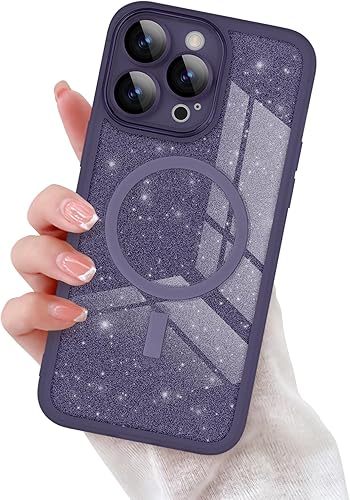 Miniatura 8 de Funda magnética para iPhone 14 Pro Max, funda transparente con purpurina de lujo con MagSafe para mujeres y niñas, protector de lente de cámara de