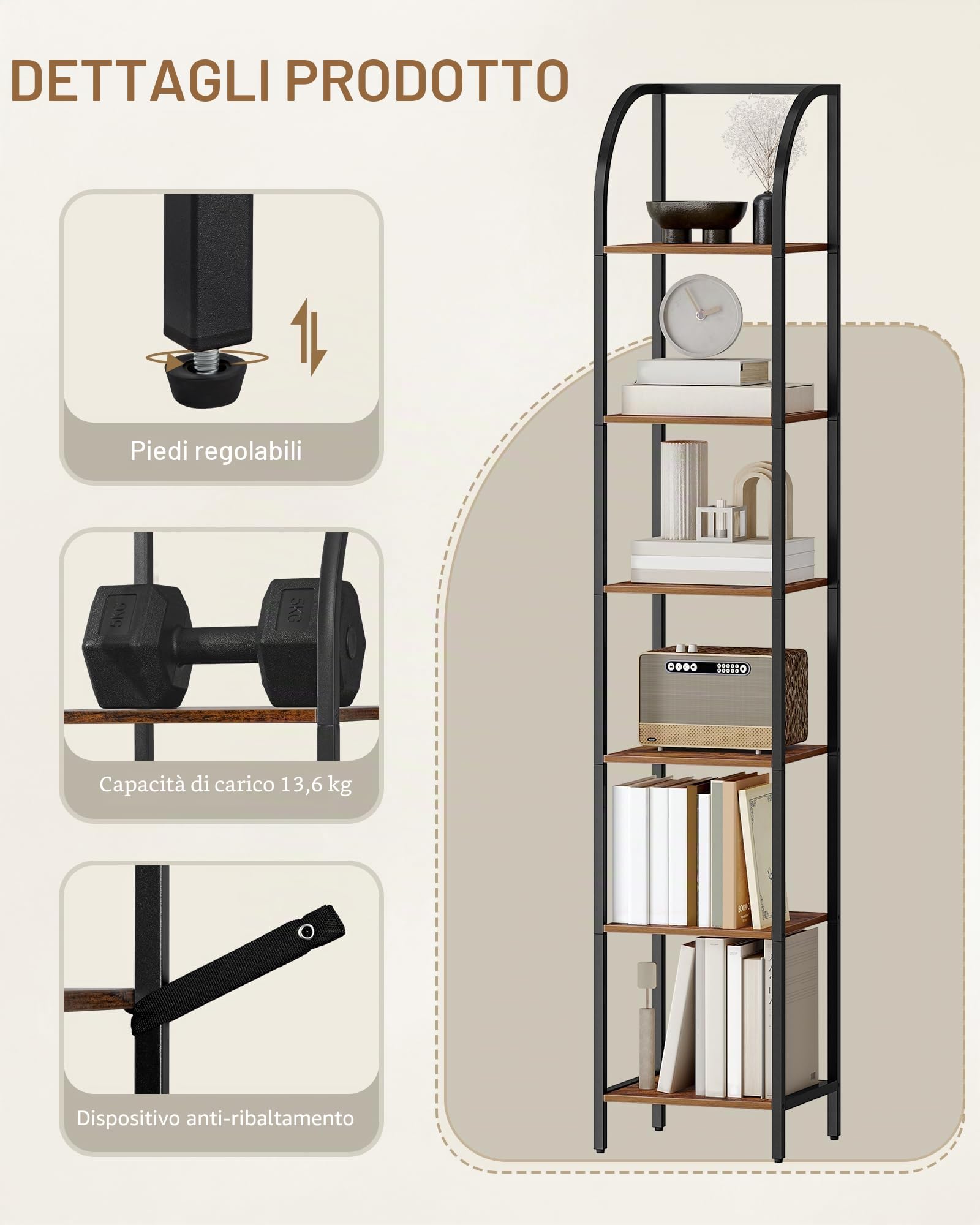 Hzuaneri Libreria Alta a 6 Ripiani, Scaffale Aperto, Struttura In Metallo, Stile Industriale, 30 x 30 x 178,6 cm, Adatta Per Studio, Soggiorno, Camera Da Letto, Cucina, Marrone Rustico BC56001B