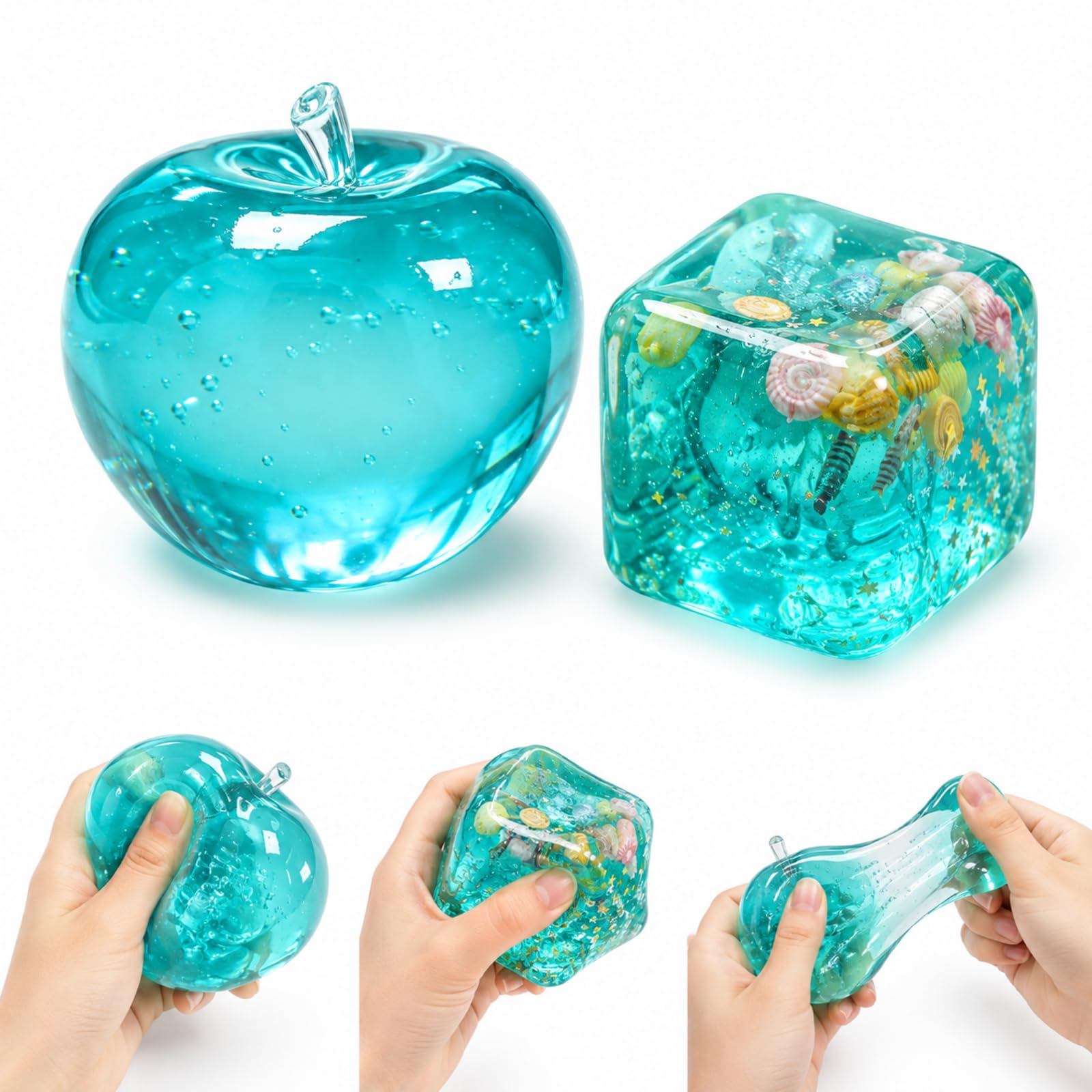 2 PCS Apple Squishy and Ocean Cube Squishy Stress Balls, Office Desk Stress Relief for Anxiety and Focus, Blue Apple Stress Ball and Ocean Shell Cube Fidget