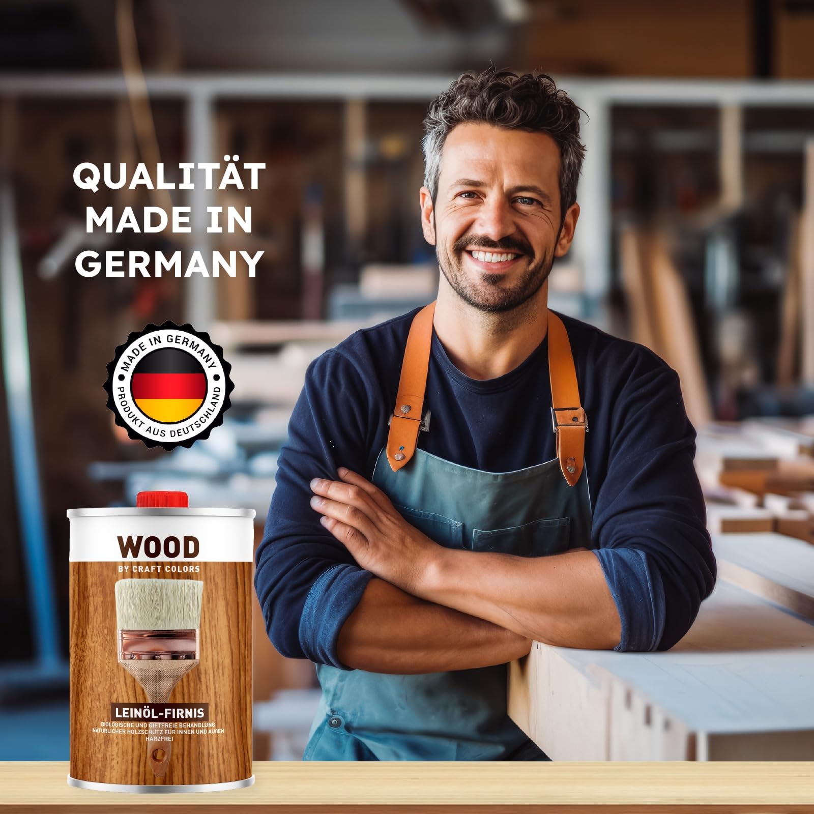 Olio di lino alta qualità, 1 litro, privo di resina, protezione del legno naturale per interni ed esterni, vernice per legno, migliorare la durata – Craft Colors WOOD Made in Germany (Confezione da 2)