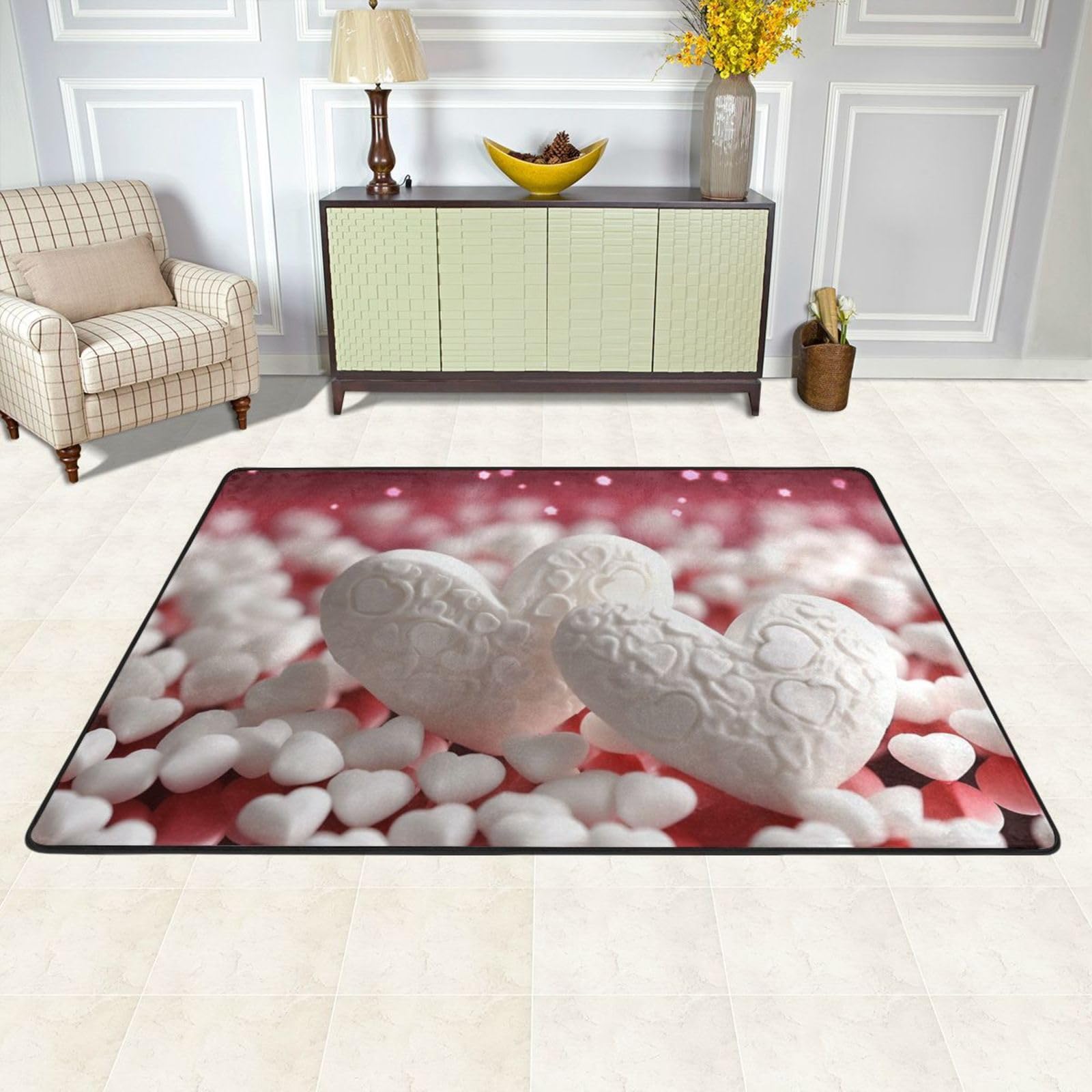 Tapis lavable cœurs blancs pour une chambre cocooning ou le salon