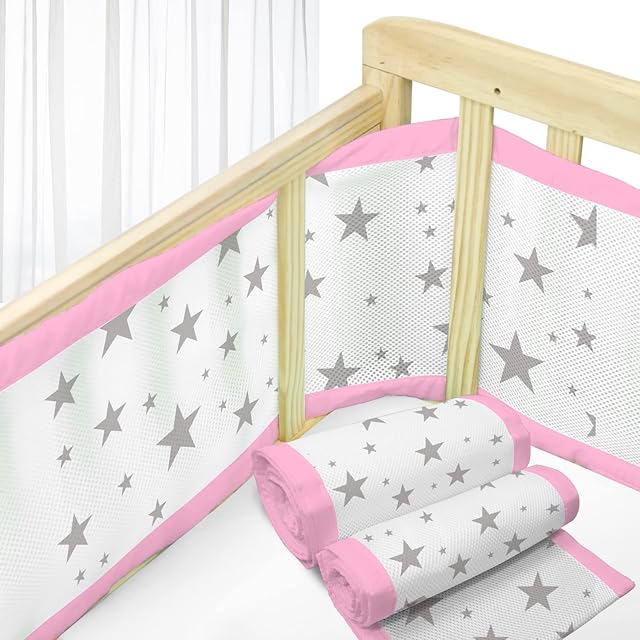 WYSWYG Cot Bumper with Breathable Mesh, 2 PCS Baby Cot Bumpers Anti-Crash Cot Liner, Fits Full Size 4 Panel Cot (Pink)