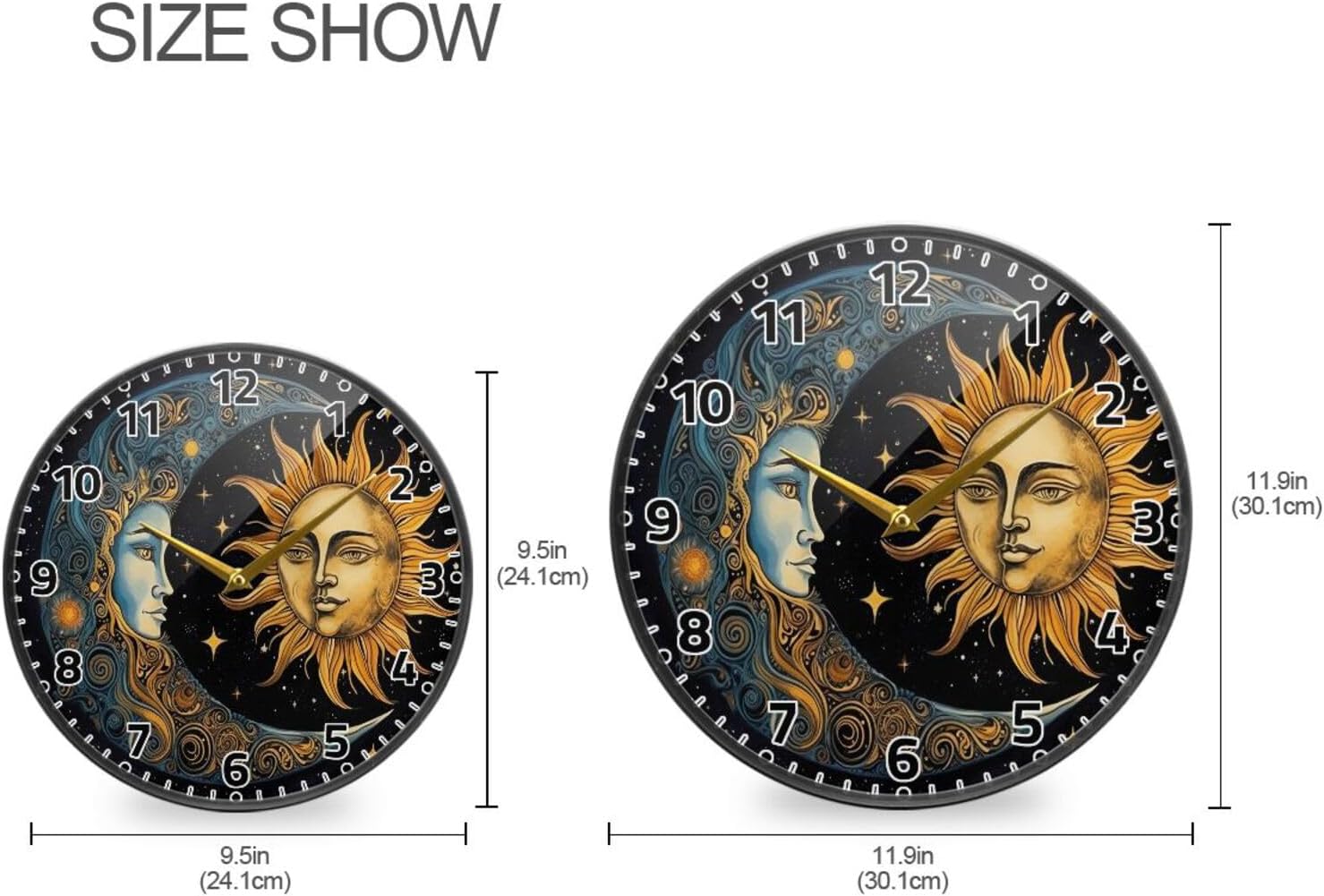 Wall Clock Non Ticking 12 Inch - Sun and Moon Battery Operated Quartz Silent Round Clock for Home/Office/Kitchen/Classroom