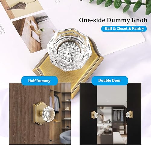 Miniatura 3 de Gobrico Pomo de cristal simulado de un lado, mango medio simulado resistente en latón antiguo, roseta arqueada, palanca interior para armario de