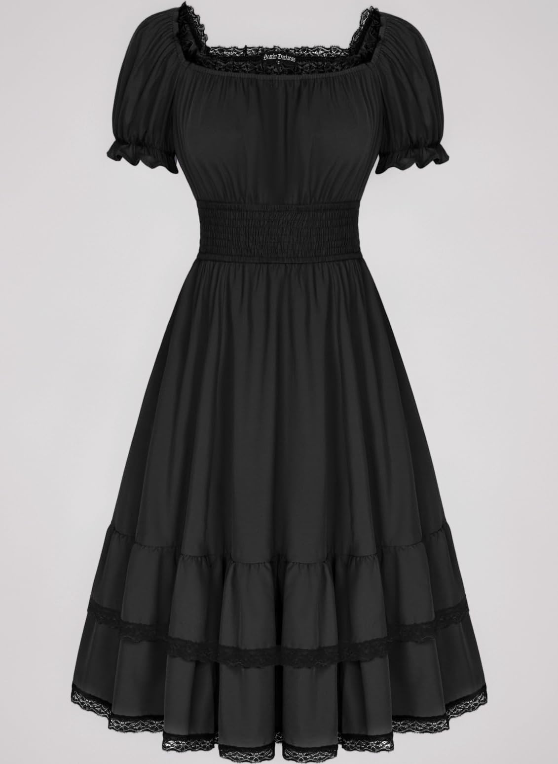 Women Gothic Dress Lace Square Neck Smocked Tiered Steampunk Vintage Medieval Midi Dresses