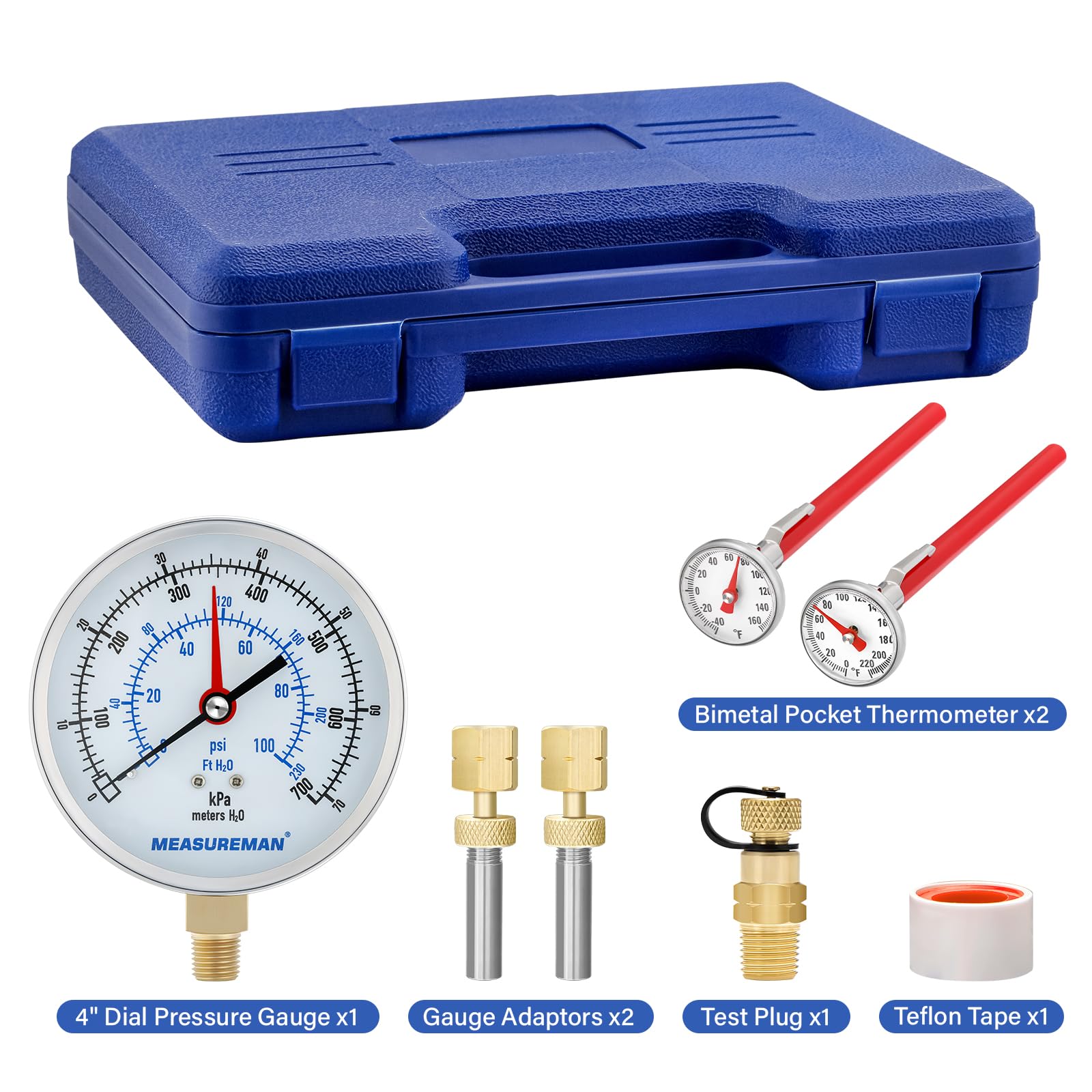 MEASUREMAN Kit de prueba de presión y temperatura, 0-100 psi/pies H2O/kPa/metros H2O, termómetro de -4 °F a 200 °F y -40 °F a 160 °F, fondo NPT de 1/4 pulgadas con adaptador de calibre