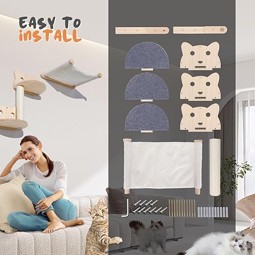 Miniatura 7 de Topmart Juego de muebles de pared para gatos poste rascador de sisal, hamaca y escalones