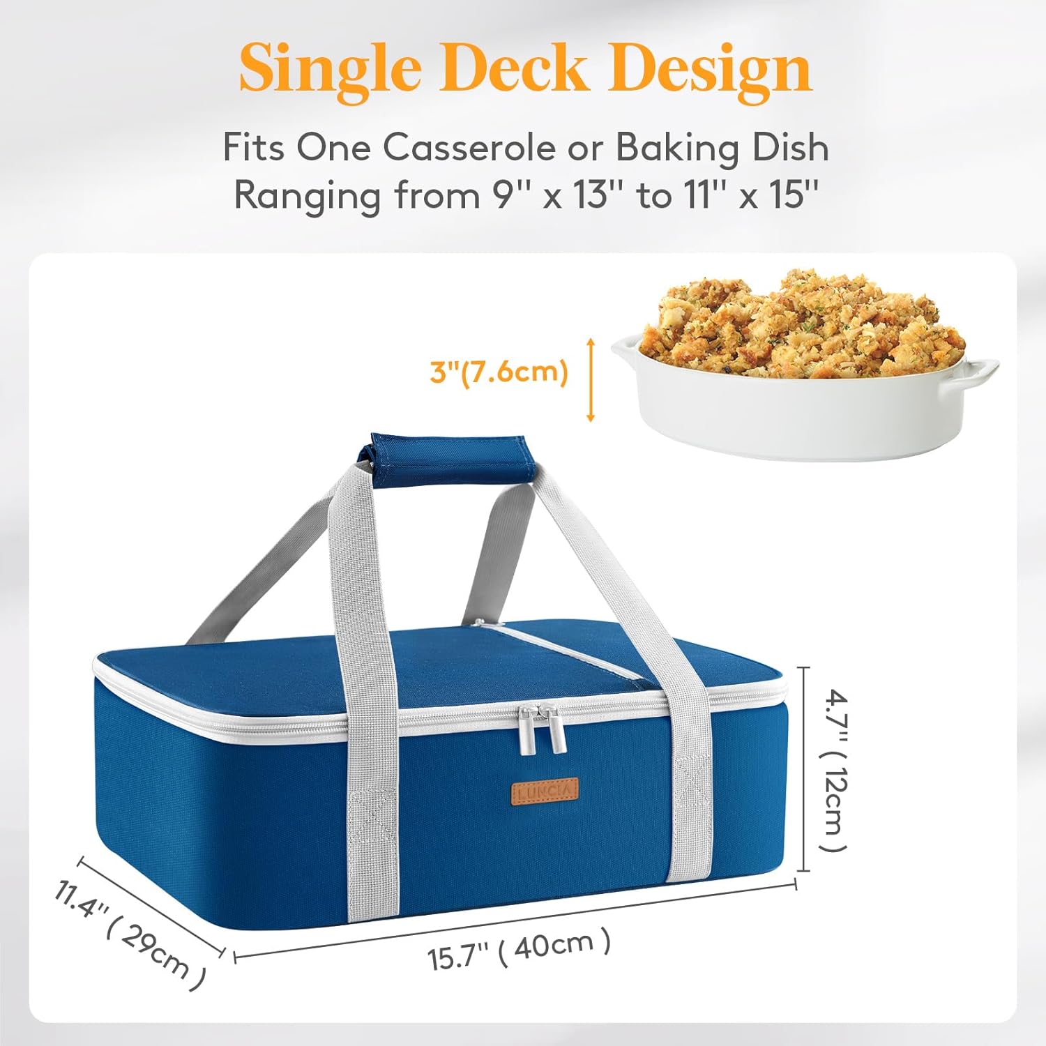 LUNCIA Insulated Single Decker Casserole Carrier, Lasagna Lugger Tote Keeps Food Hot or Cold, Thermal Lunch Bag for Potluck Parties, Picnic and Cookouts, Fits 9" x 13" Baking Dish, Pure Blue - Image 2